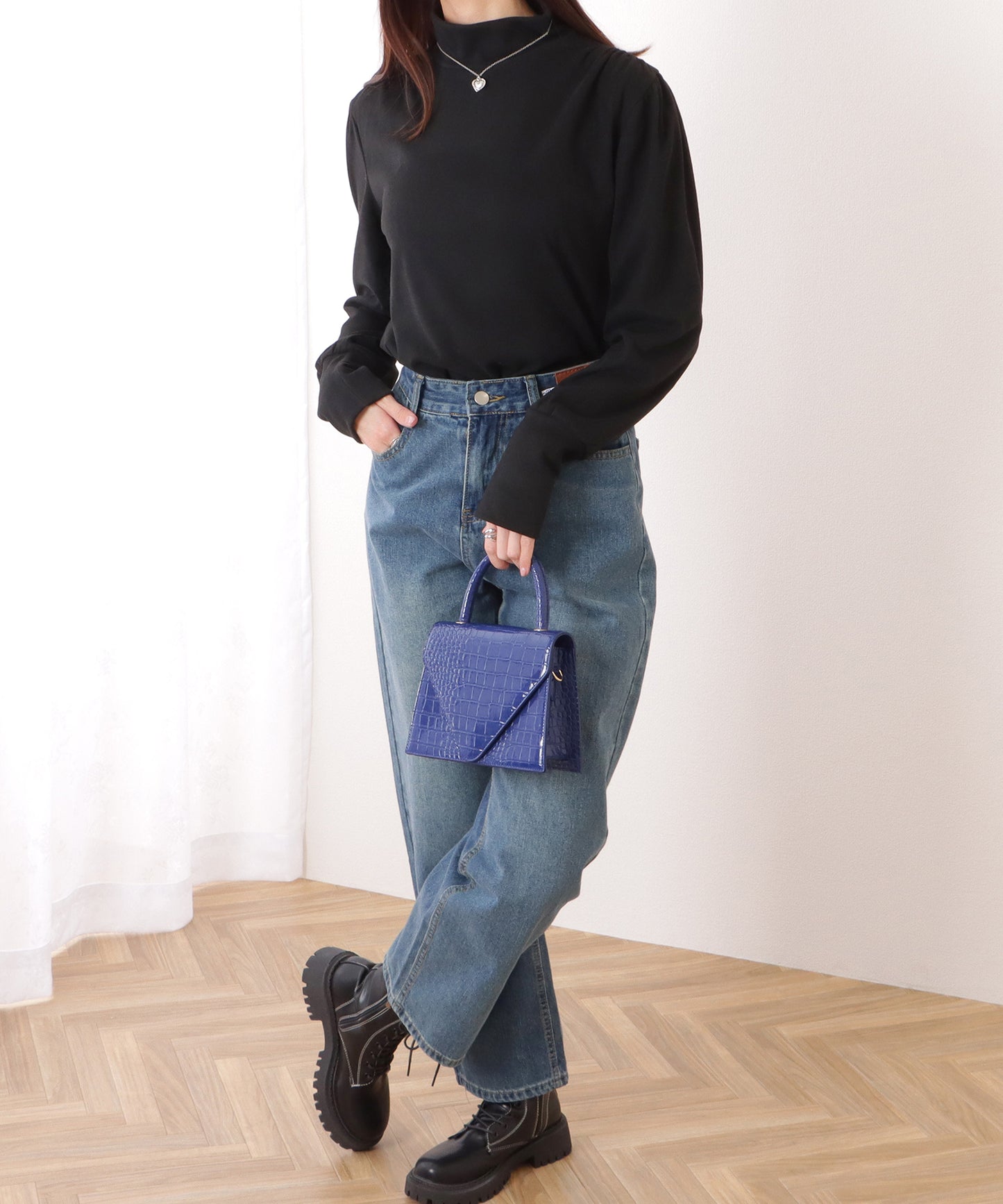 ロング リブ ハイネック 長袖 ギャザー プルオーバー