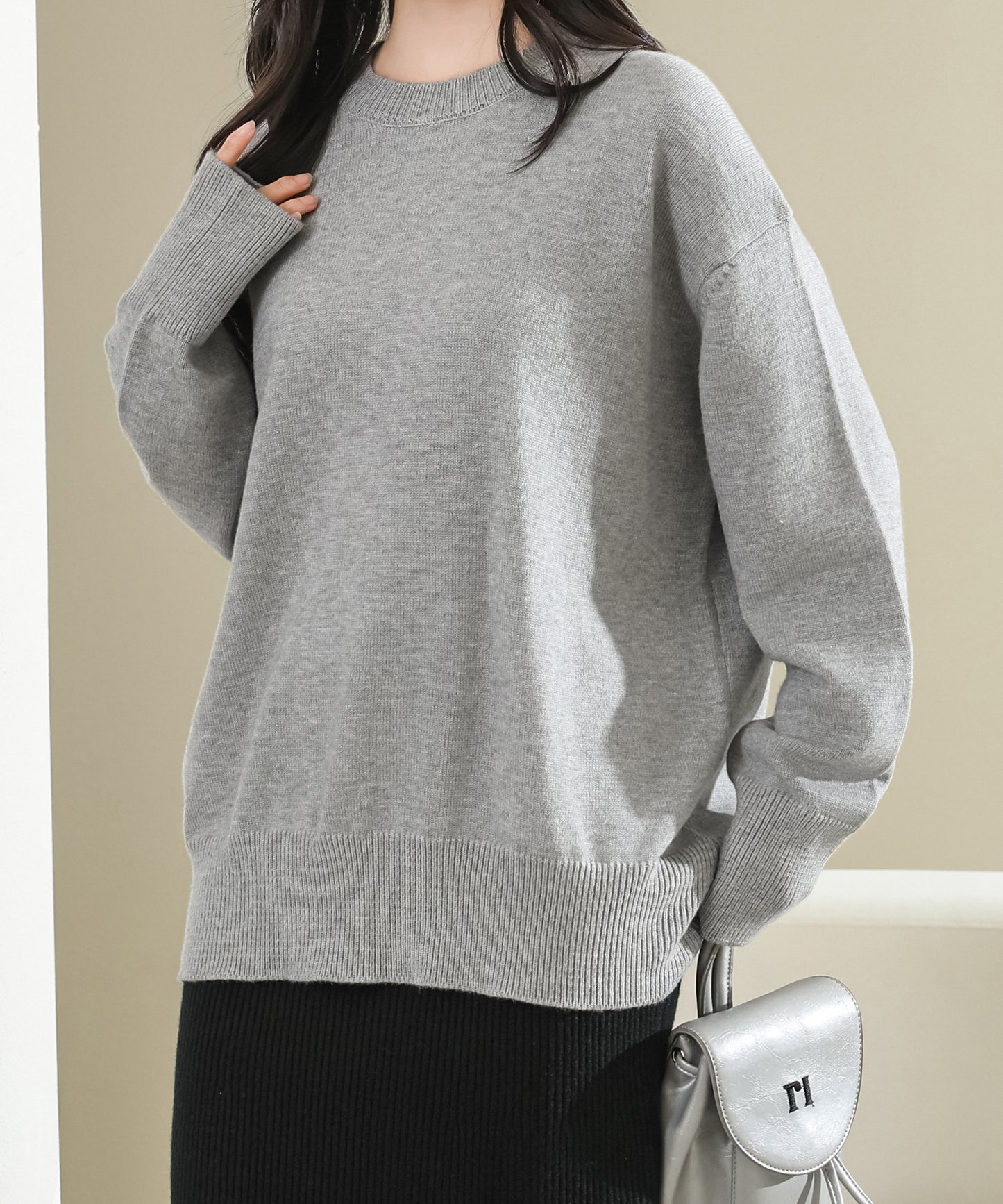 ソリッドカラー ラウンドネック 長袖 ニット プルオーバー