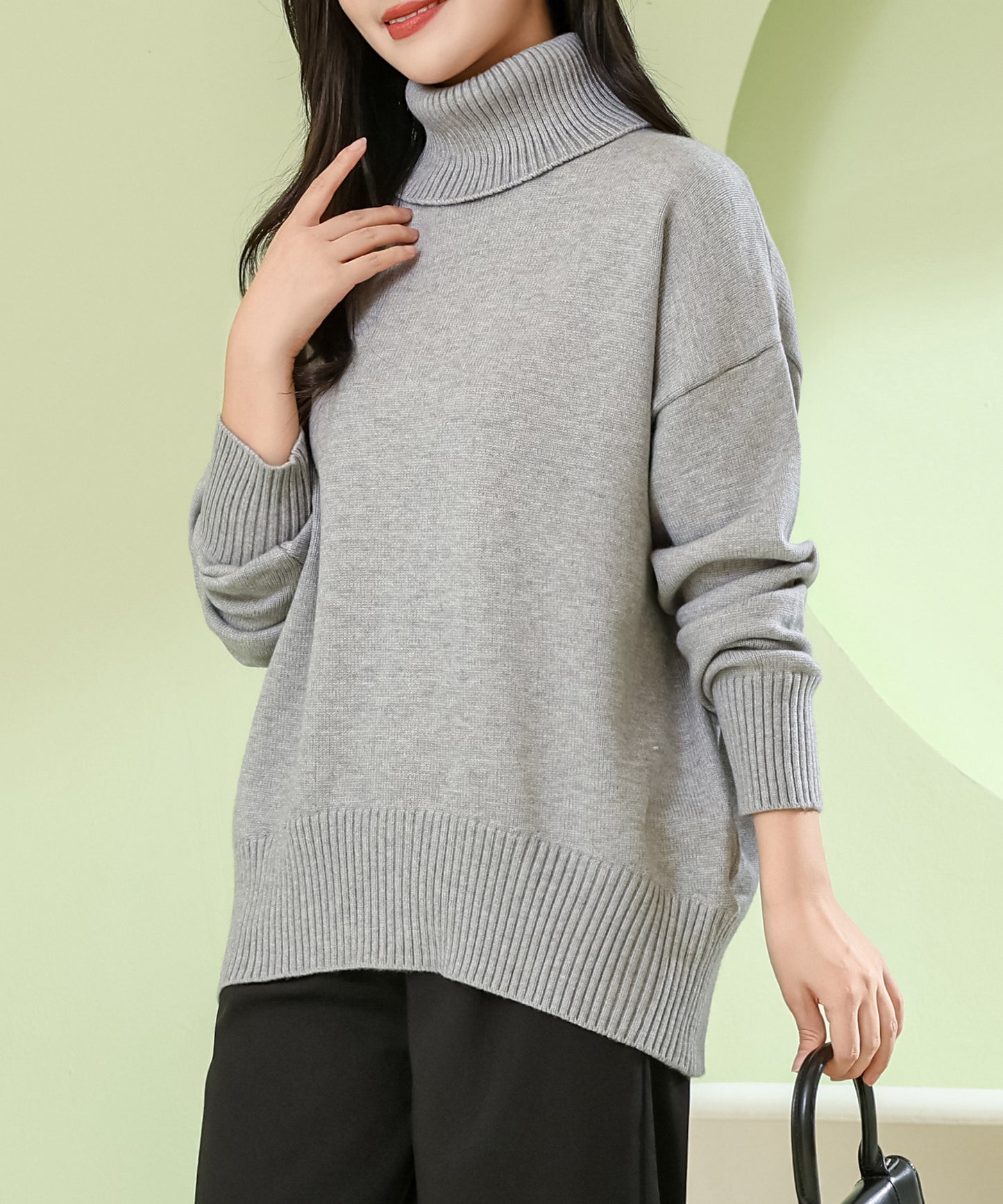 ソリッドカラー ハイネック 長袖 ニット プルオーバー