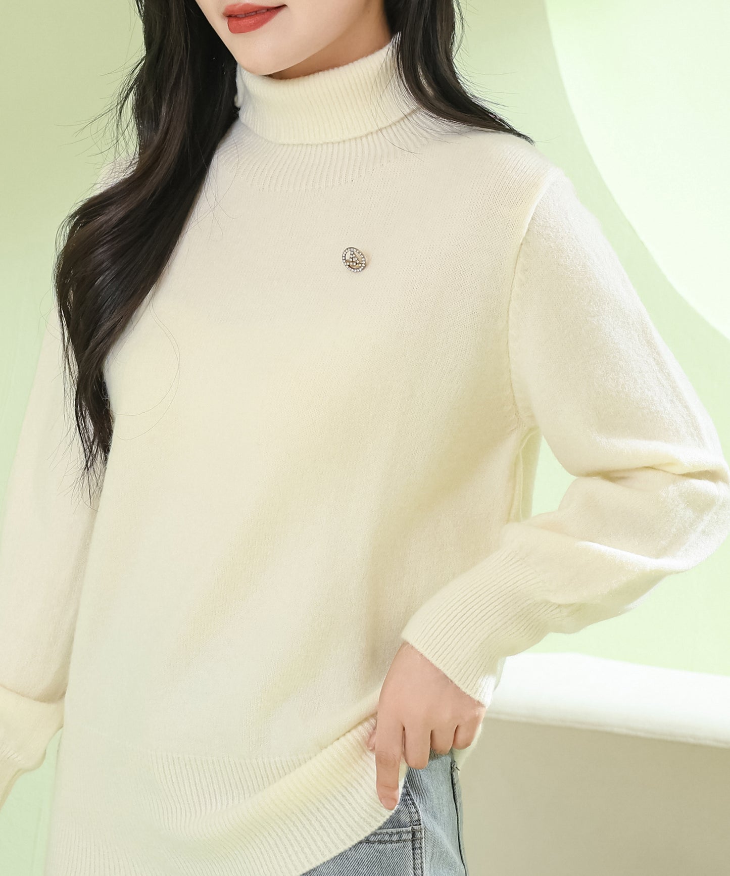 ソリッドカラー ハイネック もちもち リブ ニット プルオーバー