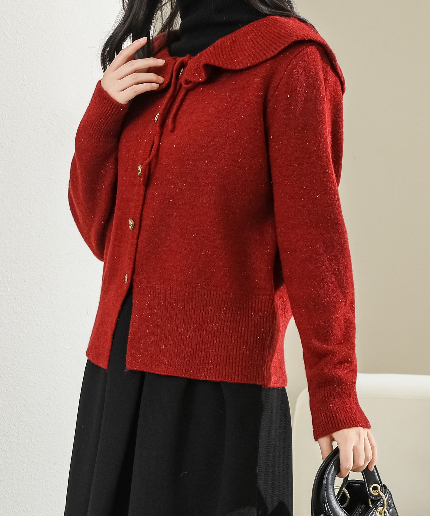 フリル カラー ハートボタン 長袖 ニット カーディガン