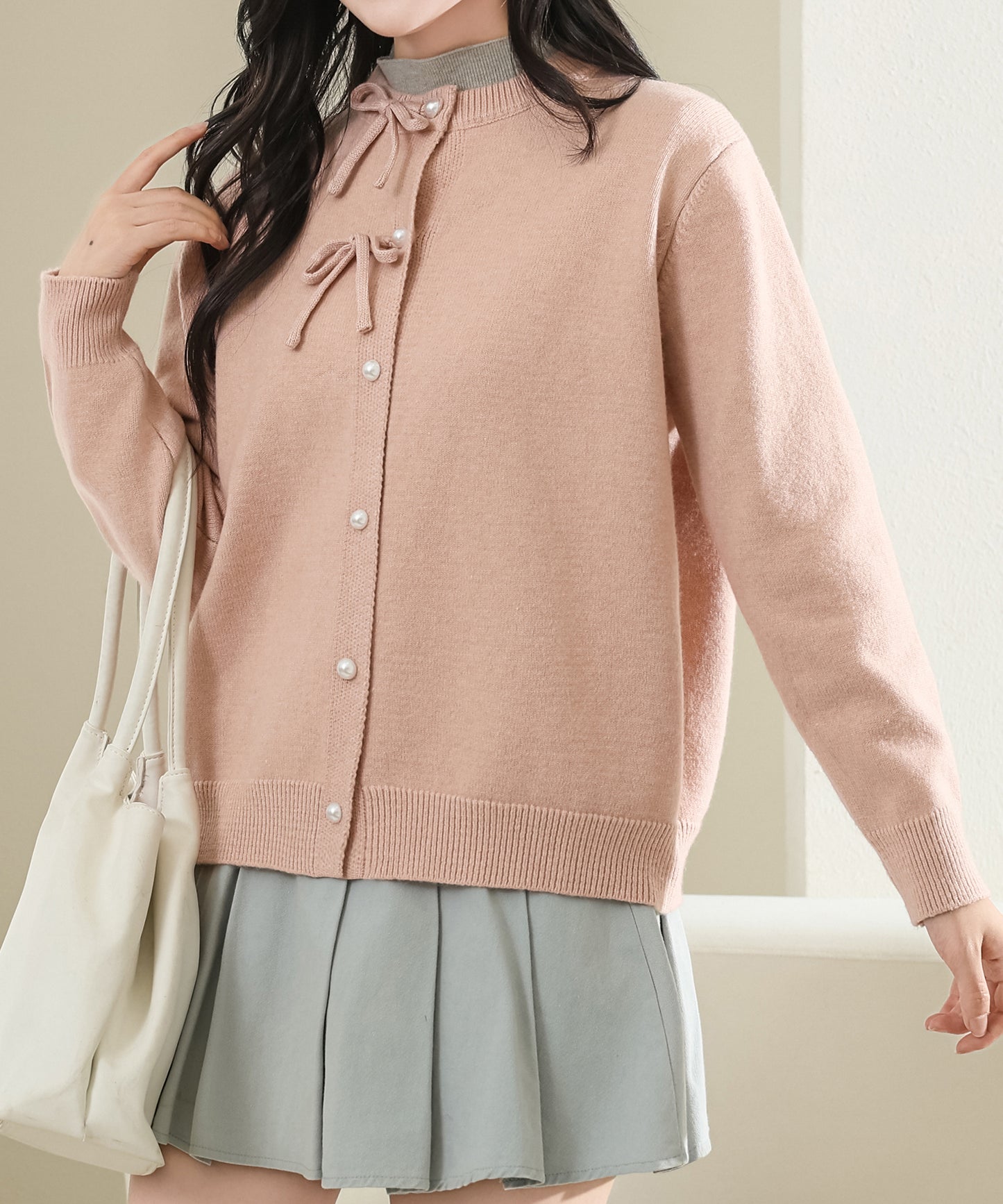 タッセル付き パール ボタン 長袖 ニット カーディガン