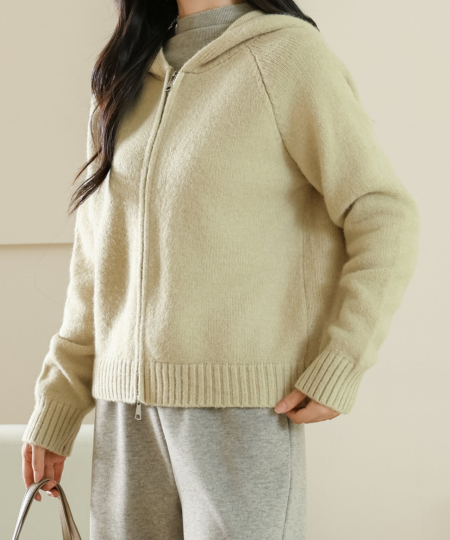 フロントジップ コンパクト 長袖 フーデット ニット カーディガン