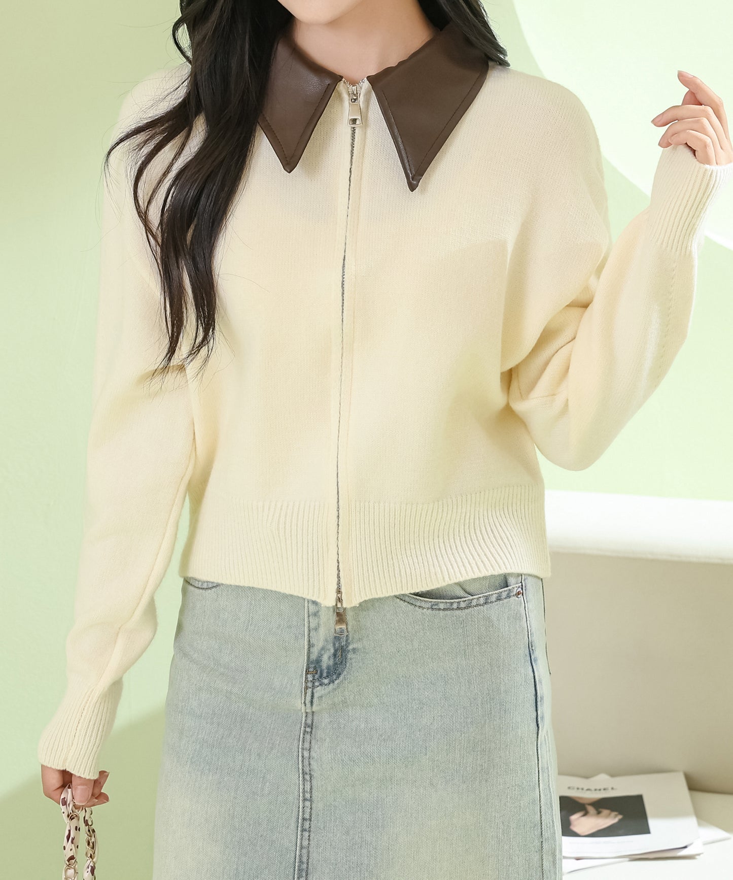 衿付き フロントジップ 長袖 ニット カーディガン