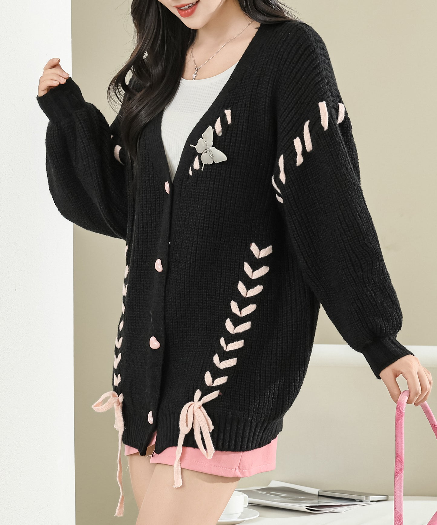 ビッグシルエット 配色 レースアップ 長袖 ニット カーディガン