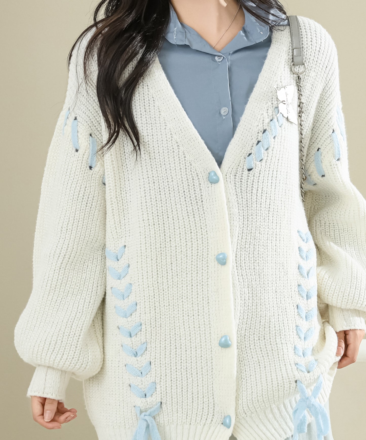 ビッグシルエット 配色 レースアップ 長袖 ニット カーディガン