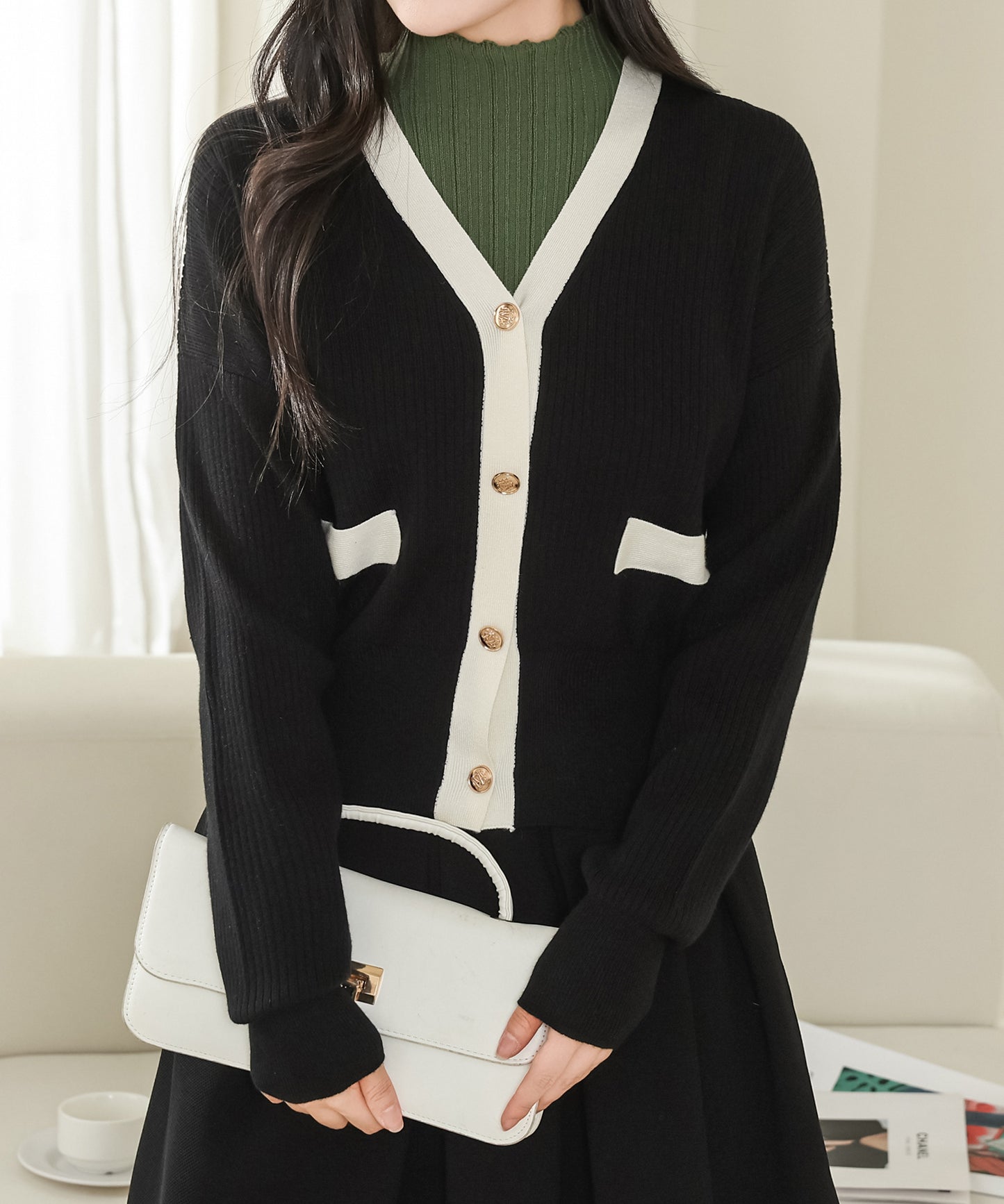 バイカラー コンパクト 長袖 リブ ニット カーディガン