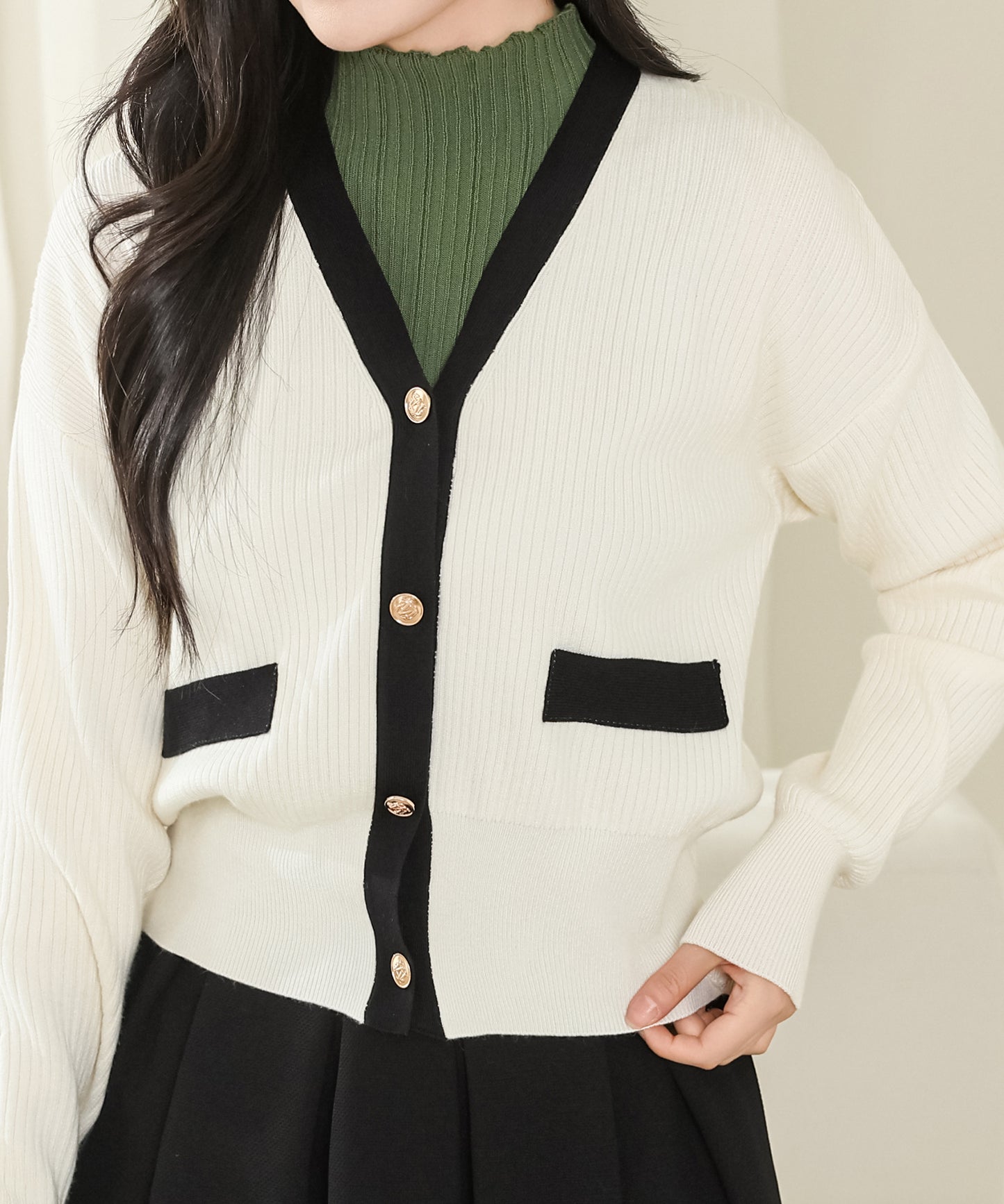 バイカラー コンパクト 長袖 リブ ニット カーディガン