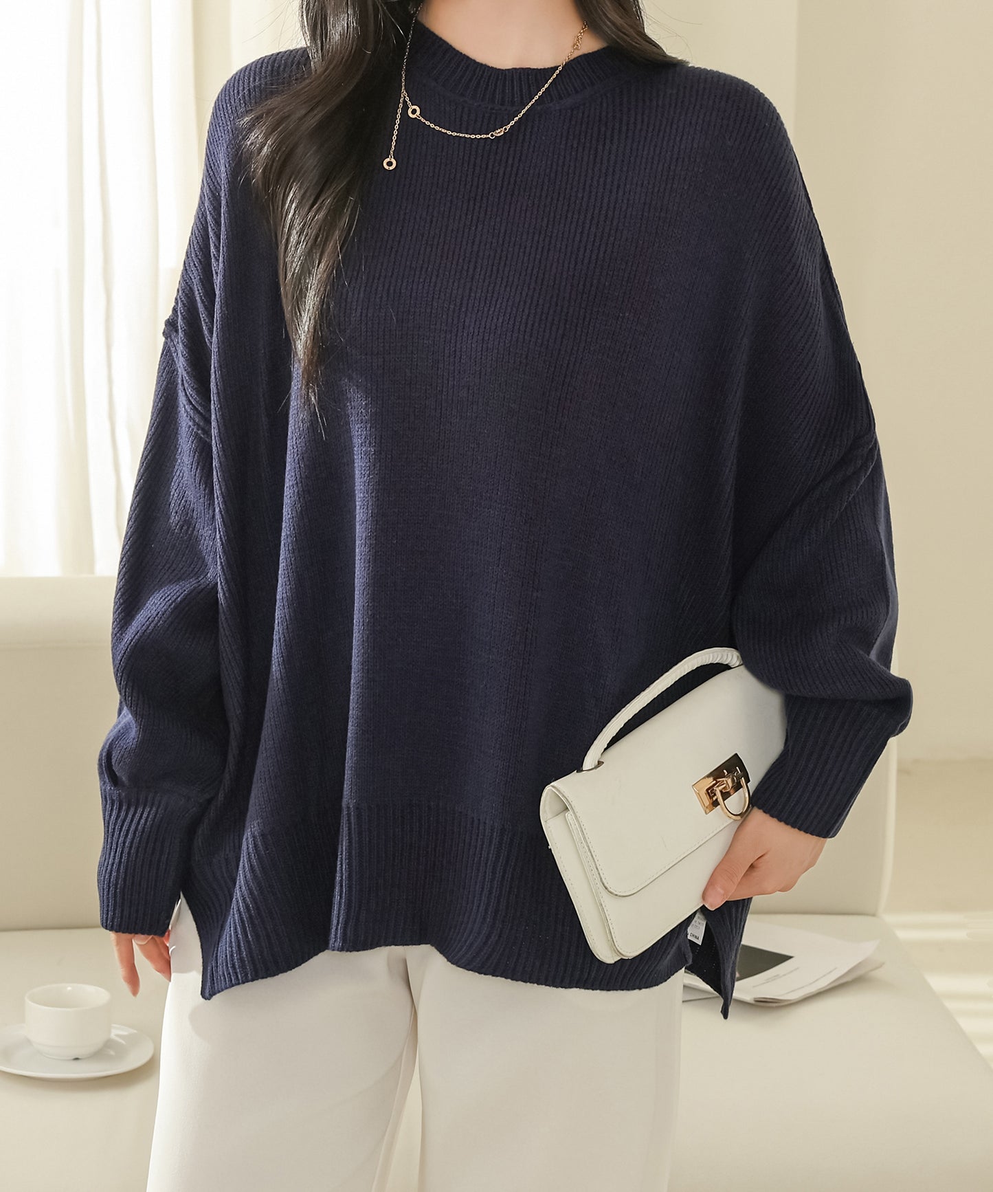 サイド スリット クルーネック 長袖 ニット プルオーバー