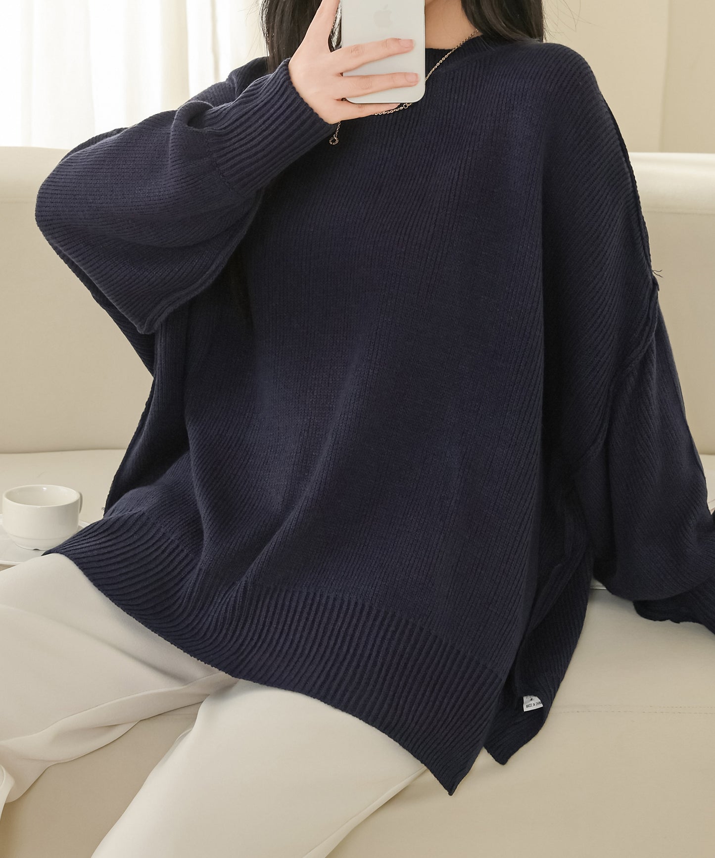 サイド スリット クルーネック 長袖 ニット プルオーバー