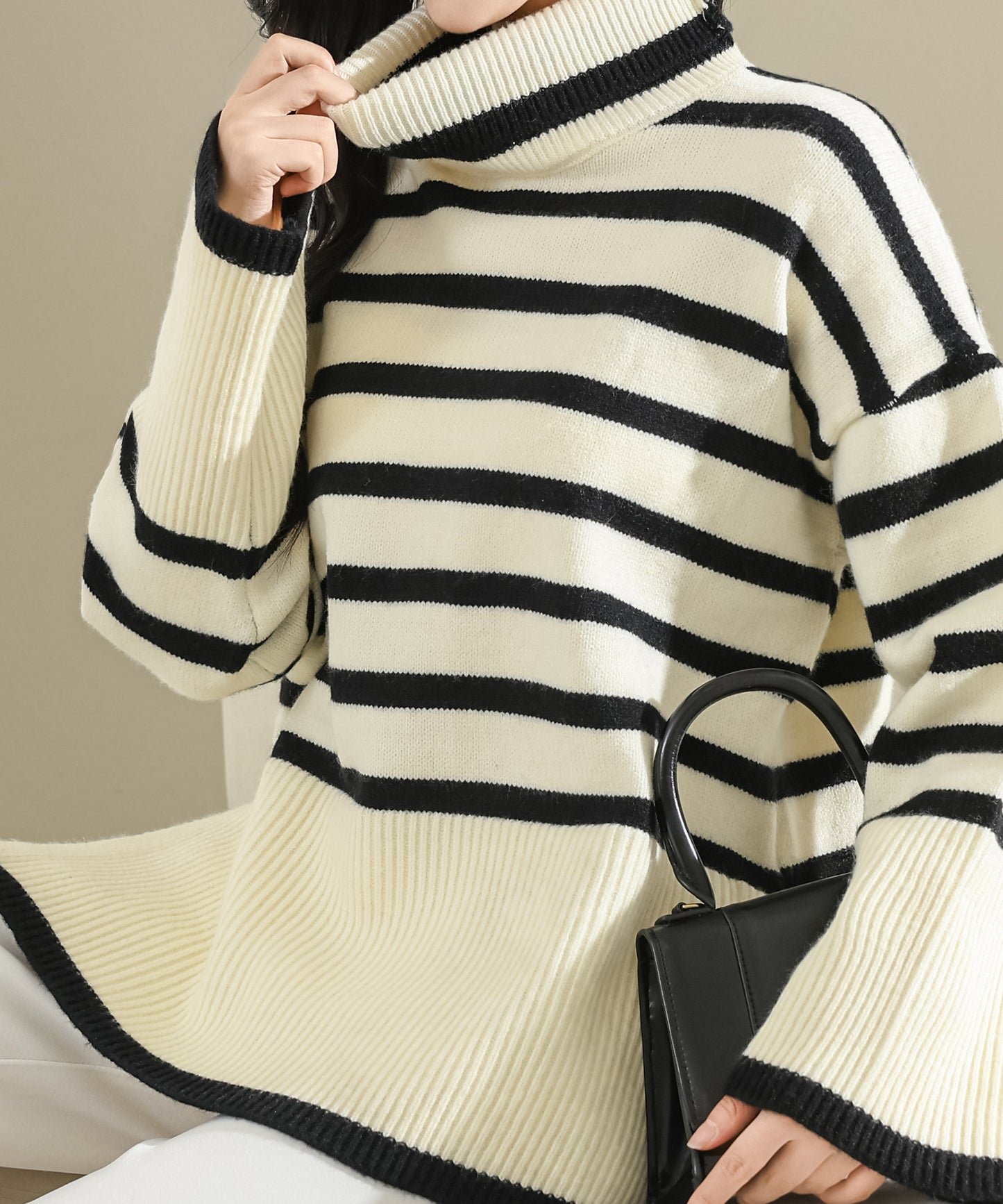 ハイネック リブ ドッキング ボーダー柄 ニット トップス