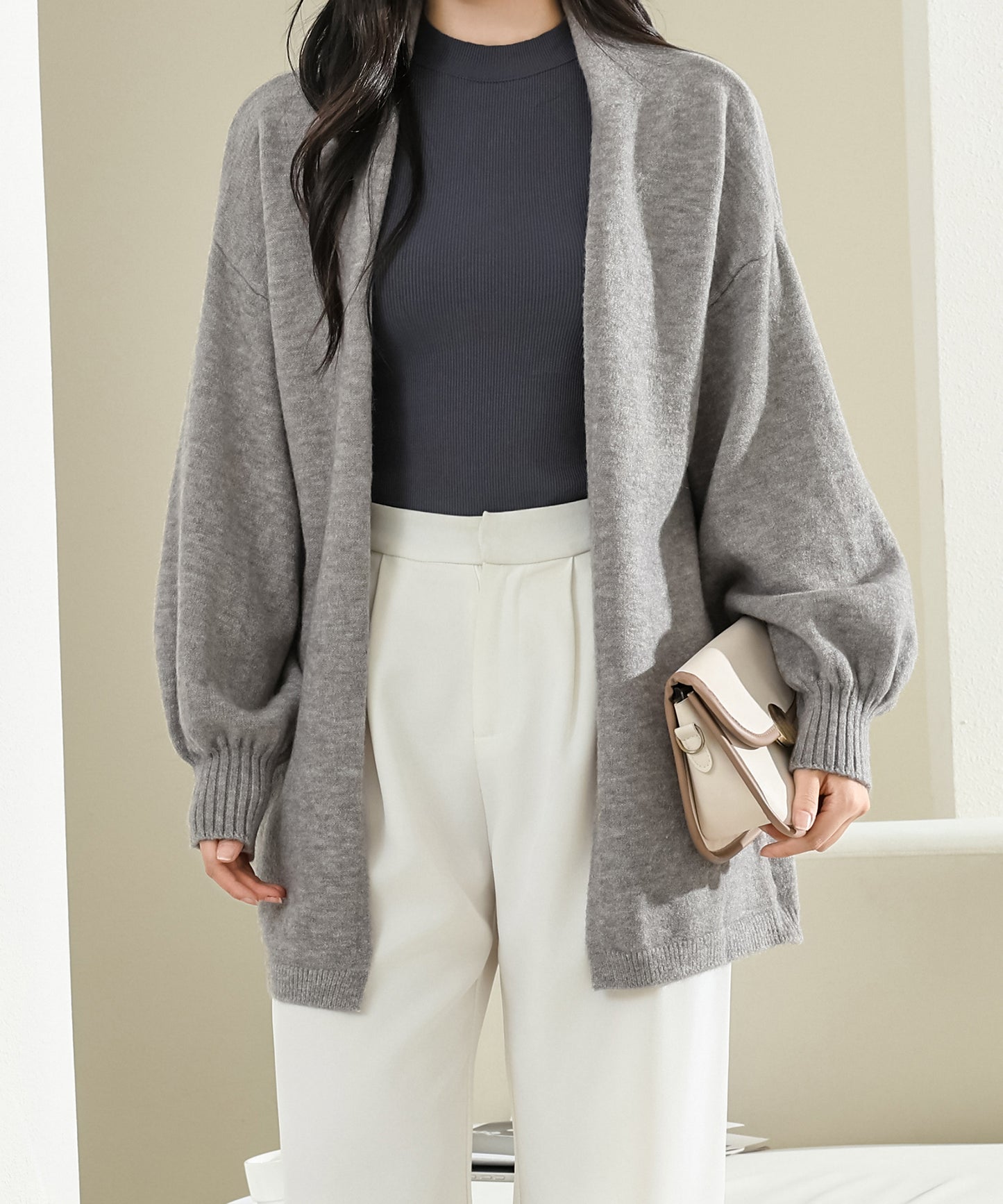 ソリッドカラー ミディアム ニット ガウン カーディガン