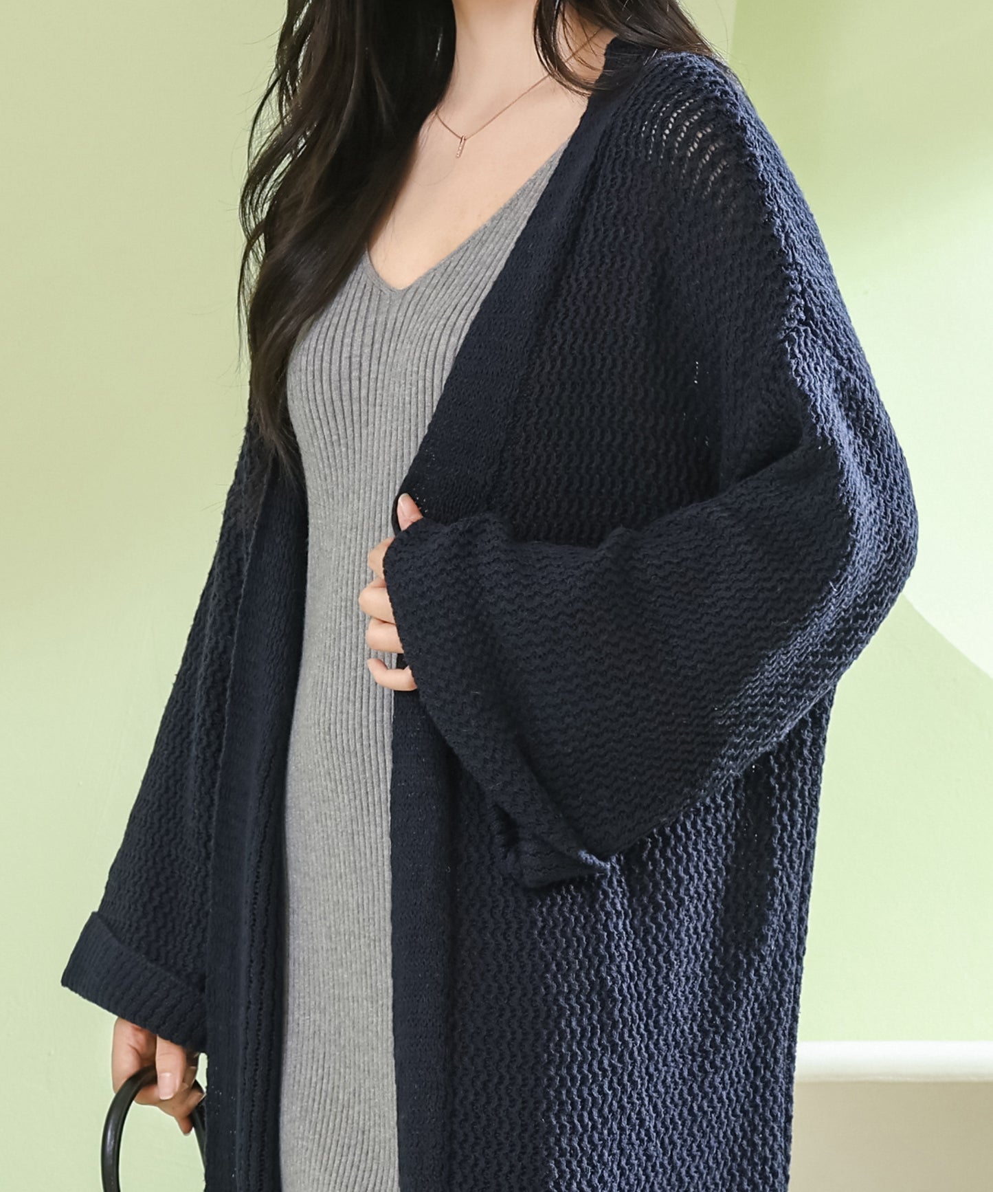ソリッドカラー ローゲージ ロング ニット カーディガン
