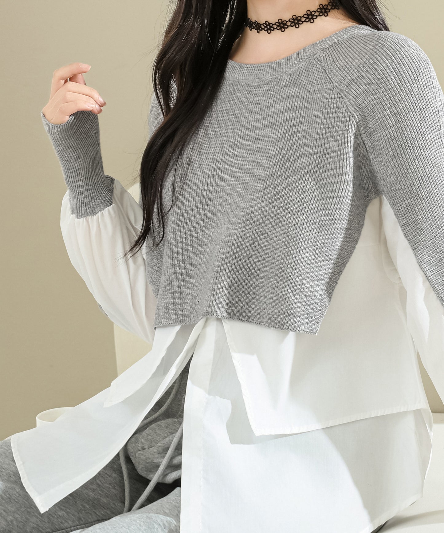 フェイクレイヤード バルーン袖 ドッキング ニット プルオーバー