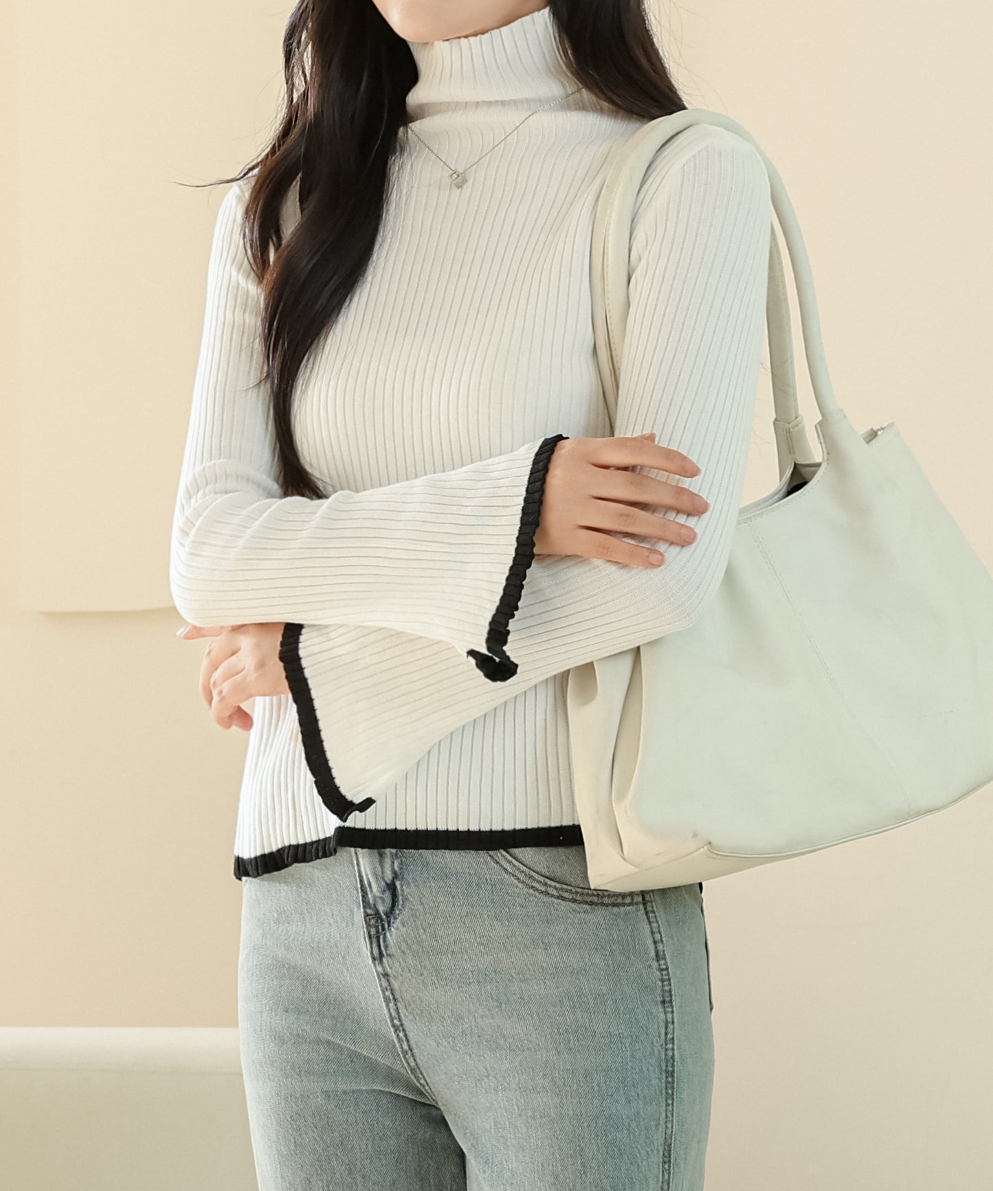 配色 ライン ハイネック 変形 リブ ニット プルオーバー