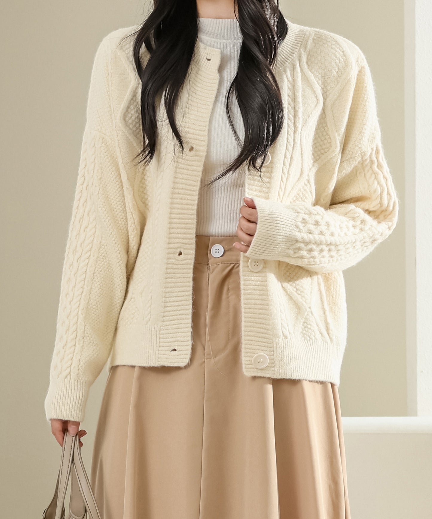 ラウンドネック ケーブル柄 長袖 ニット カーディガン