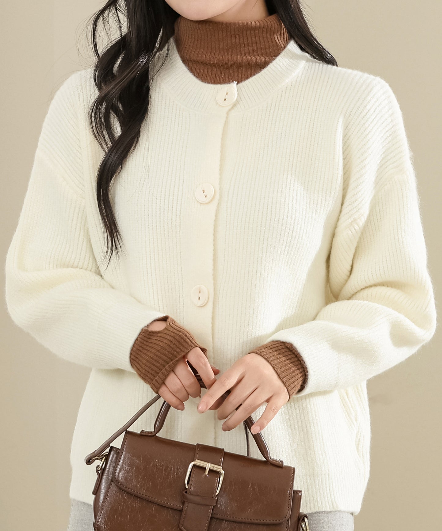 ソリッドカラー ラウンドネック 長袖 ニット カーディガン