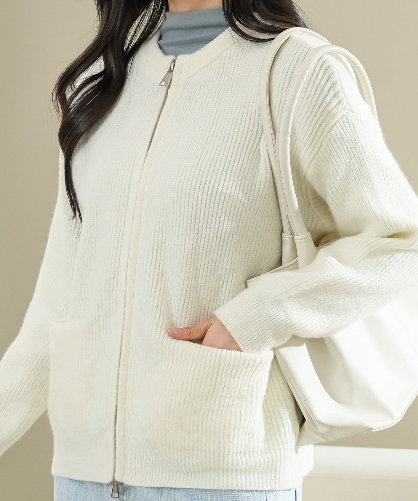 ラウンドネック ダブルジップ 長袖 ニット ジャケット