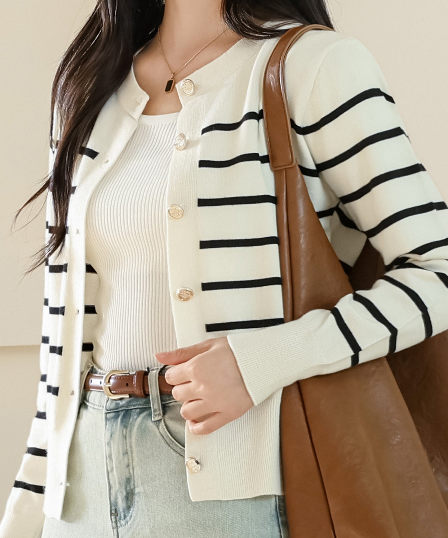 ラウンドネック ボーダー柄 長袖 ニット カーディガン