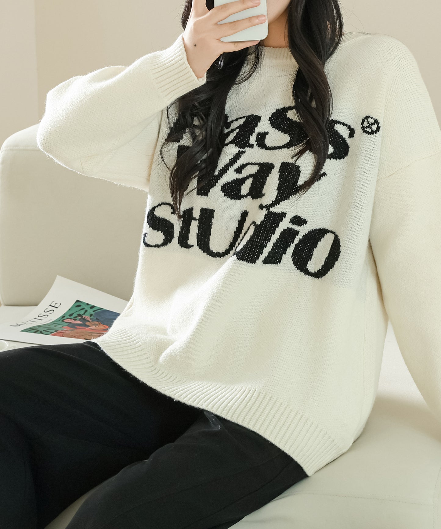 アルファベット レター ビッグシルエット 長袖 ニット プルオーバー