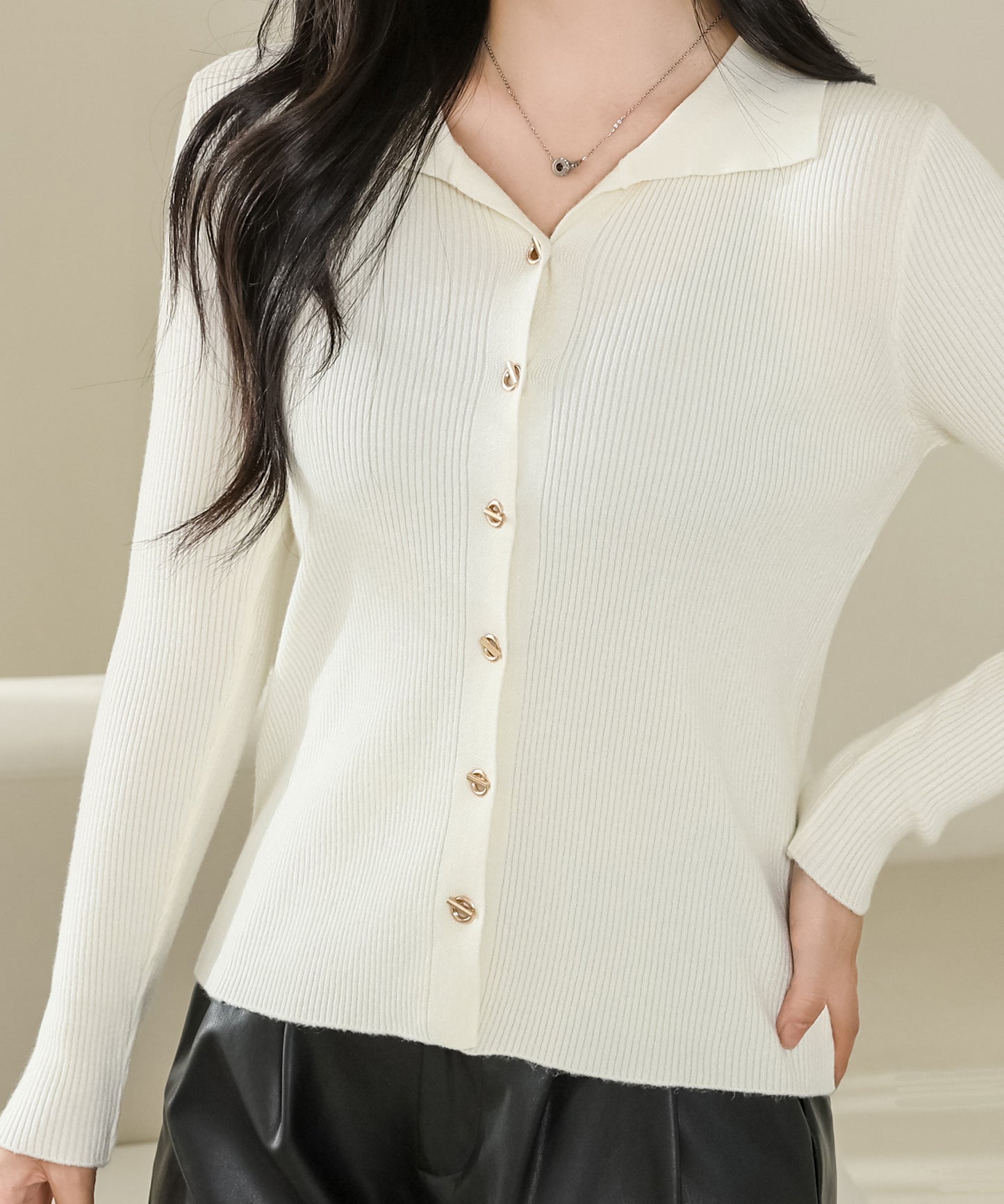 衿付き Vネック 長袖 リブ ニット カーディガン