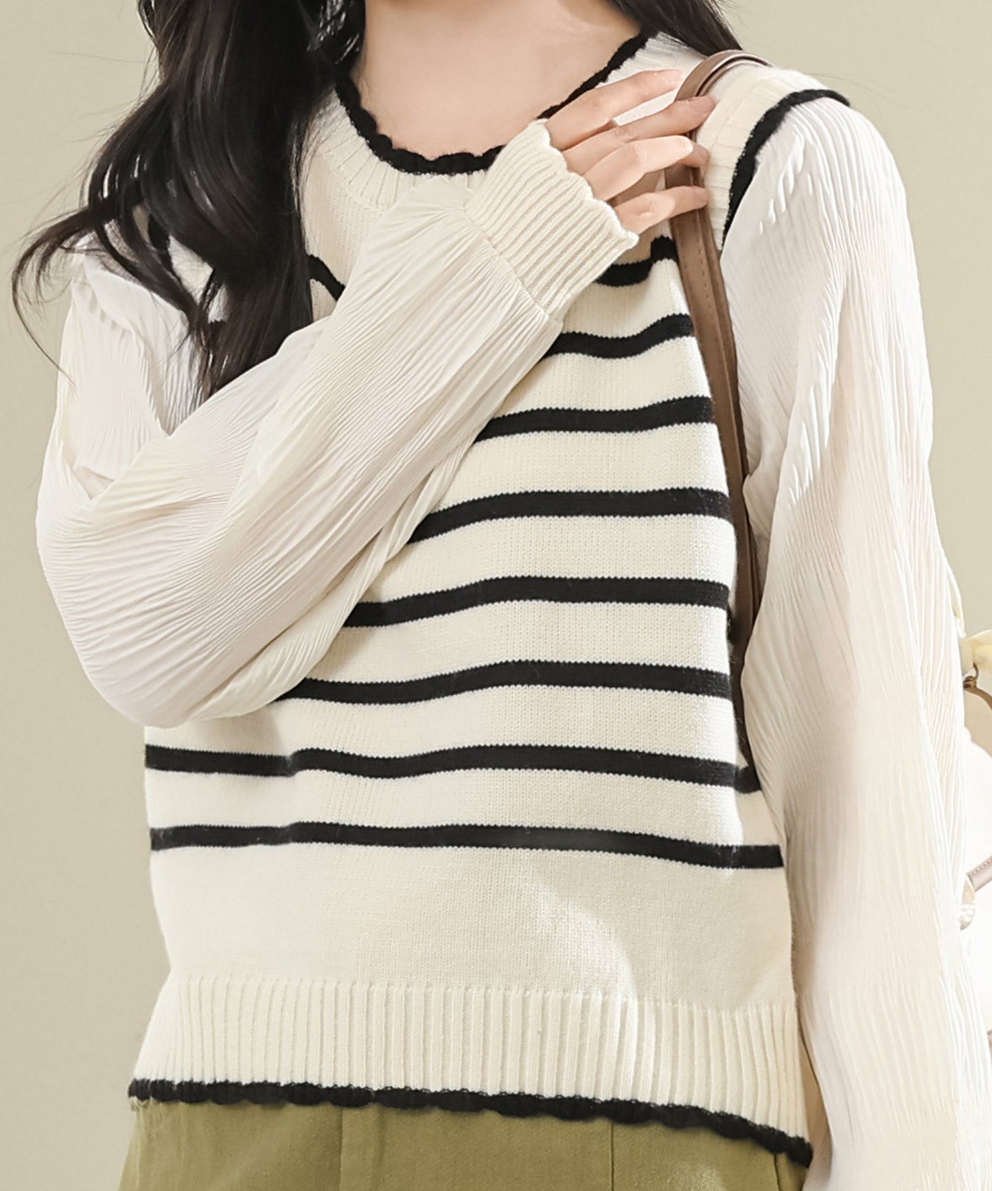 フェイクレイヤード ボーダー柄 ニット ベスト ドッキング トップス