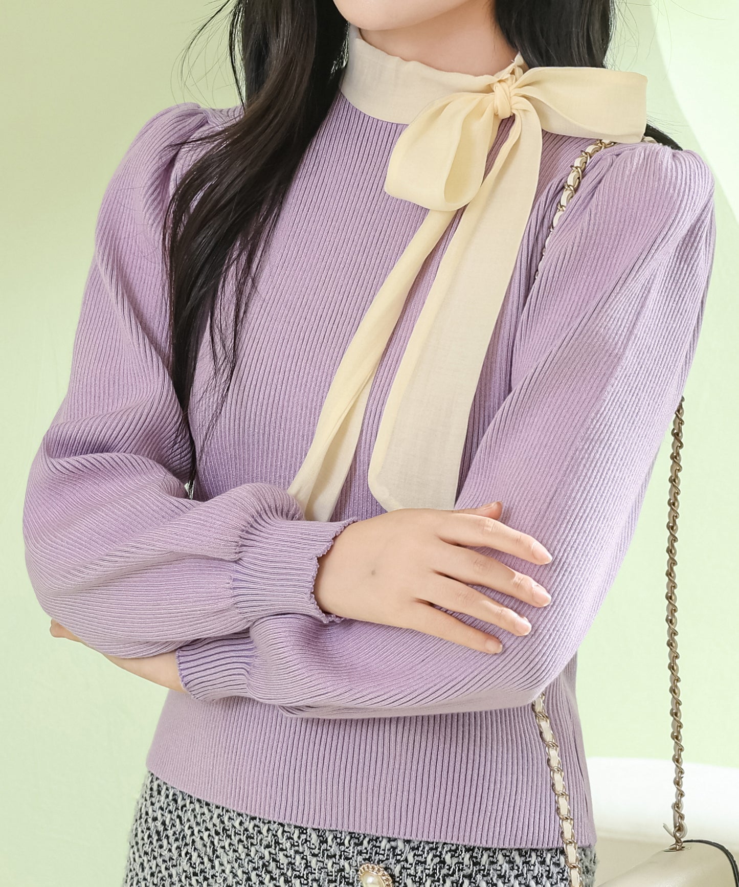 ボウタイ付き パワーショルダー リブ ニット プルオーバー