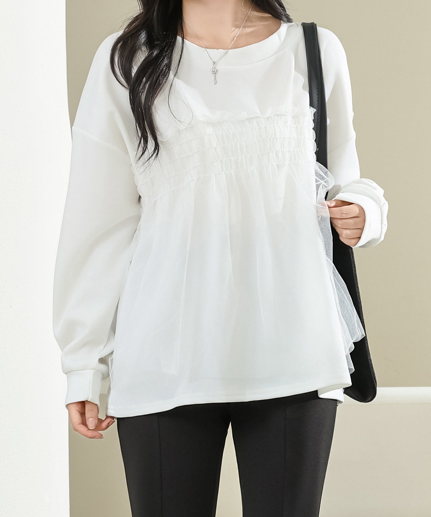 チュール ドッキング バルーン袖 長袖 プルオーバー