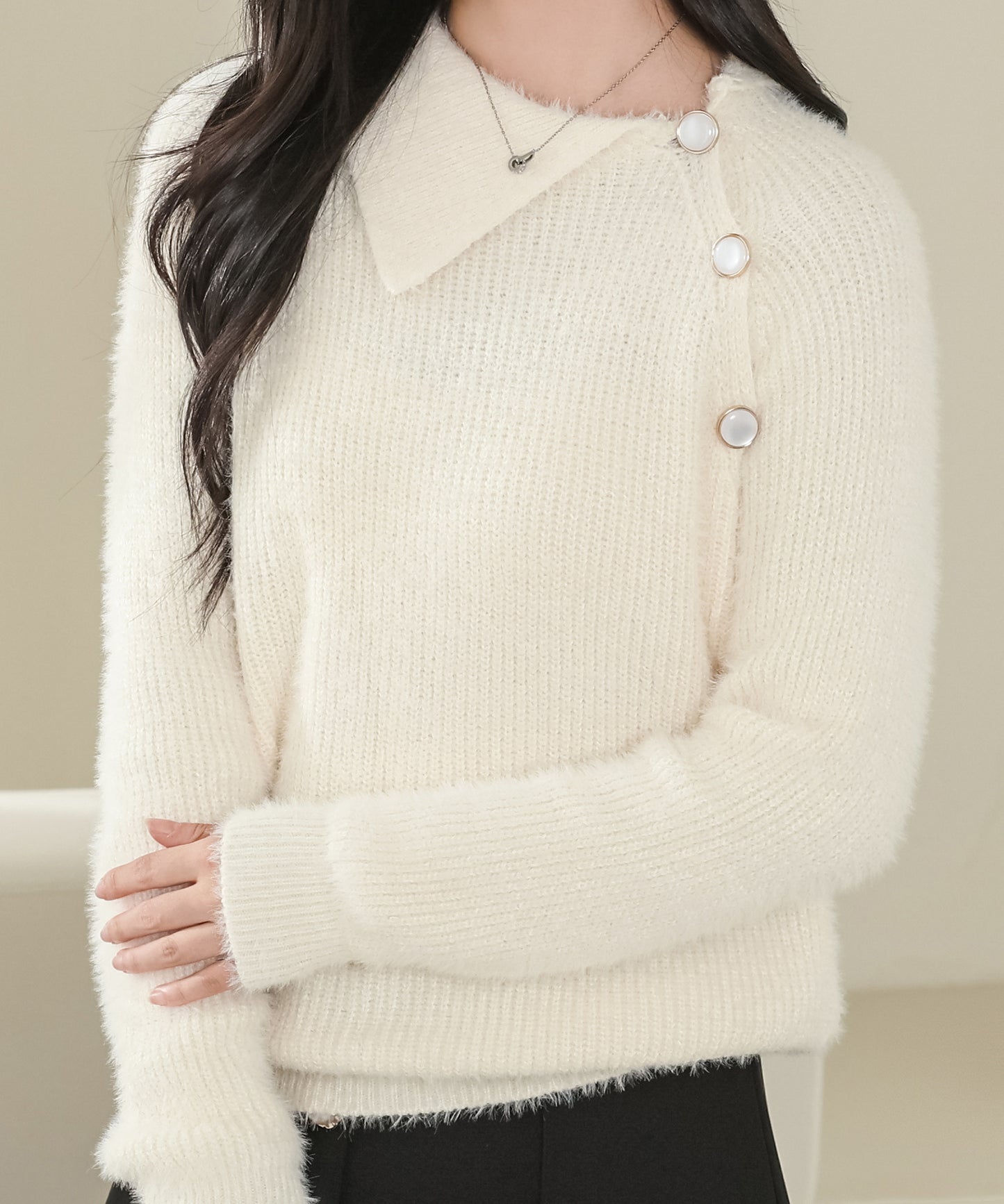 アシンメトリー 衿つき シャギー ニット プルオーバー