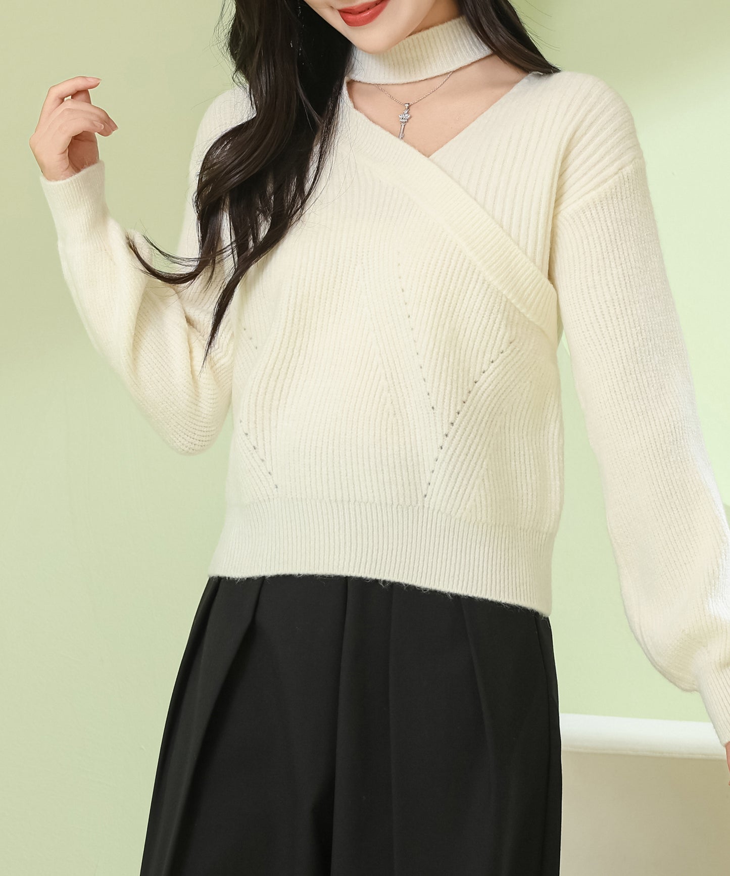 カットアウト風 Vネック 長袖 ニット プルオーバー