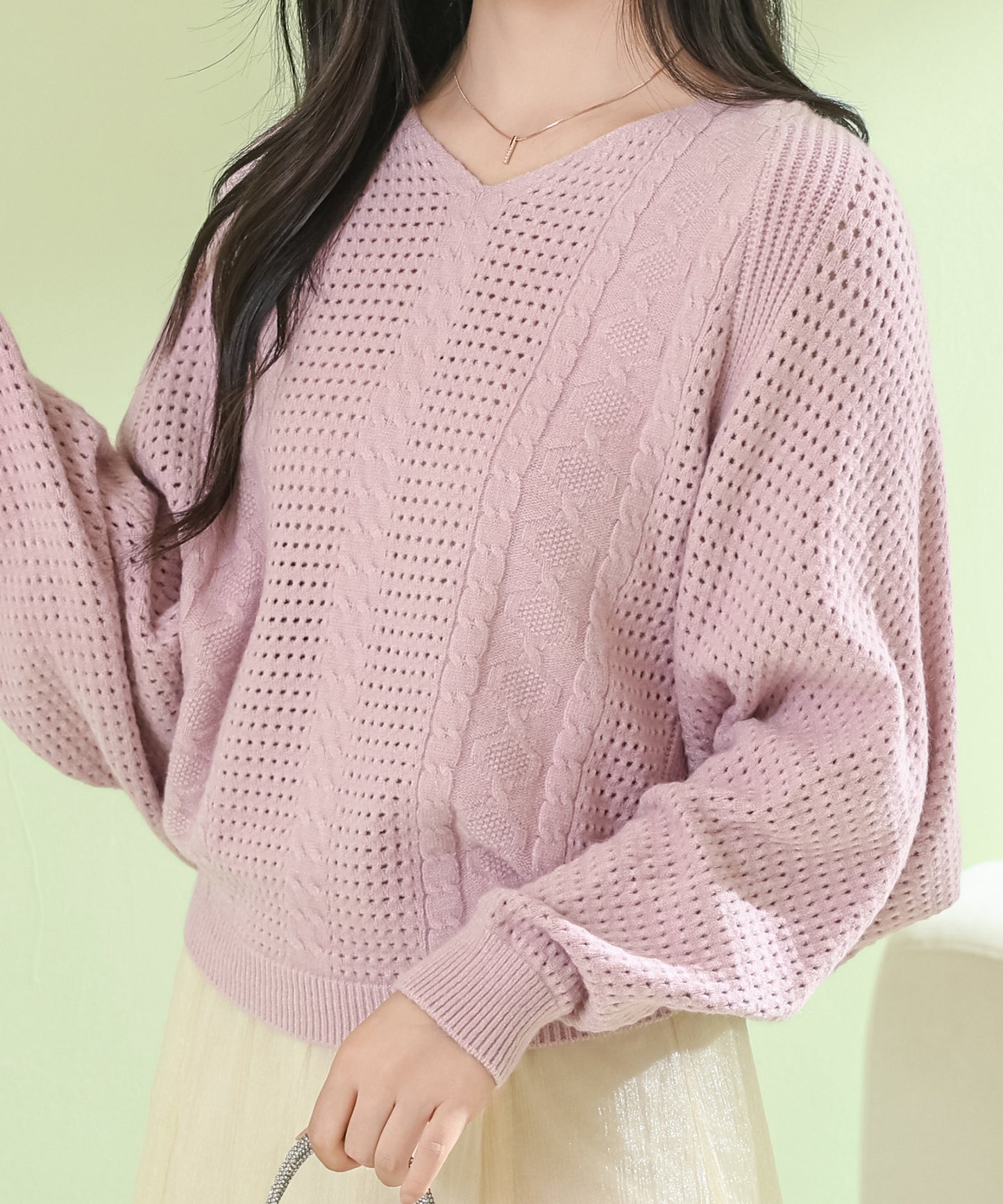 Vネック 透かし編み バルーン ニット プルオーバー