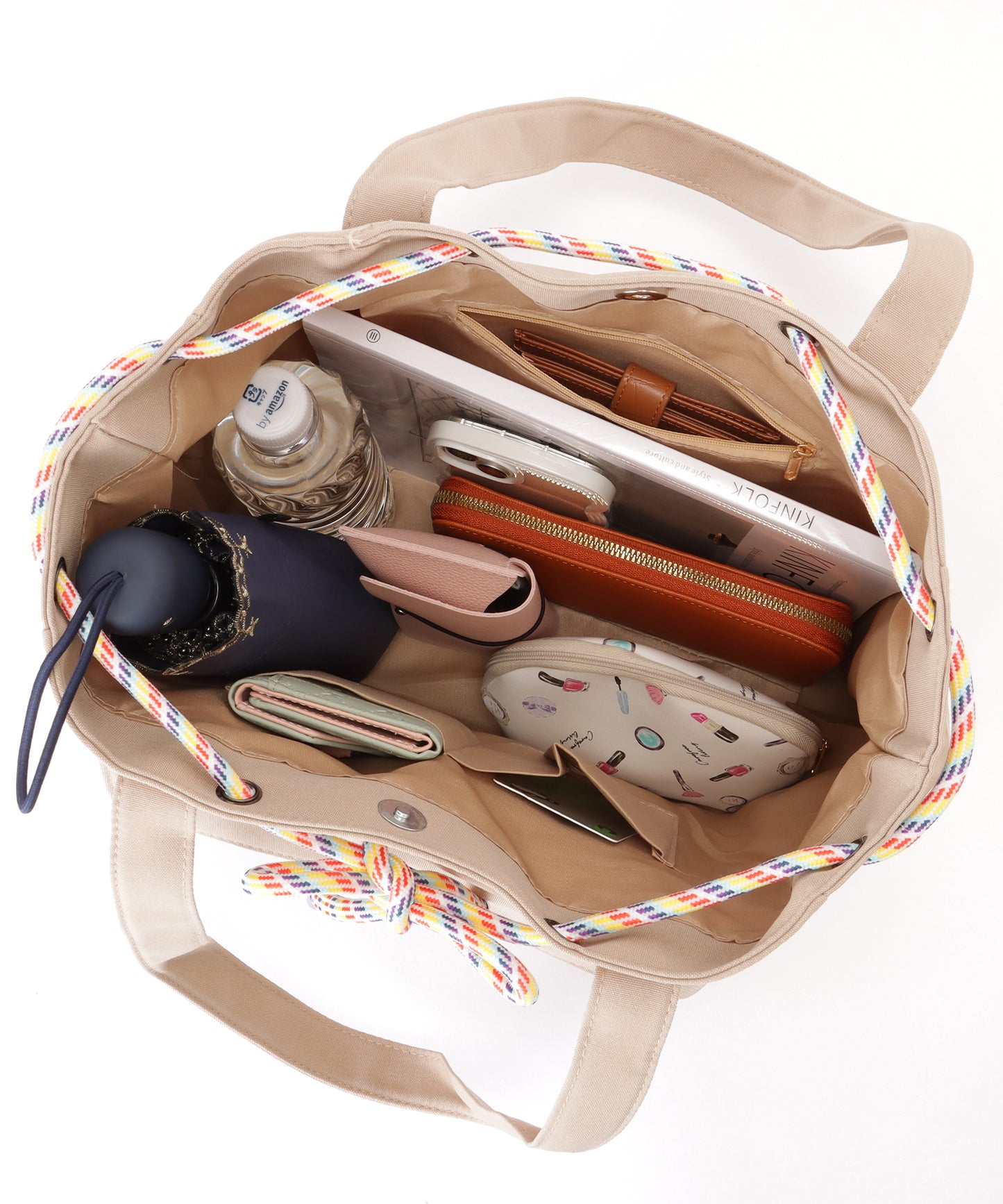 カラフル ドローコード付き 多ポケット ソフト トートバッグ