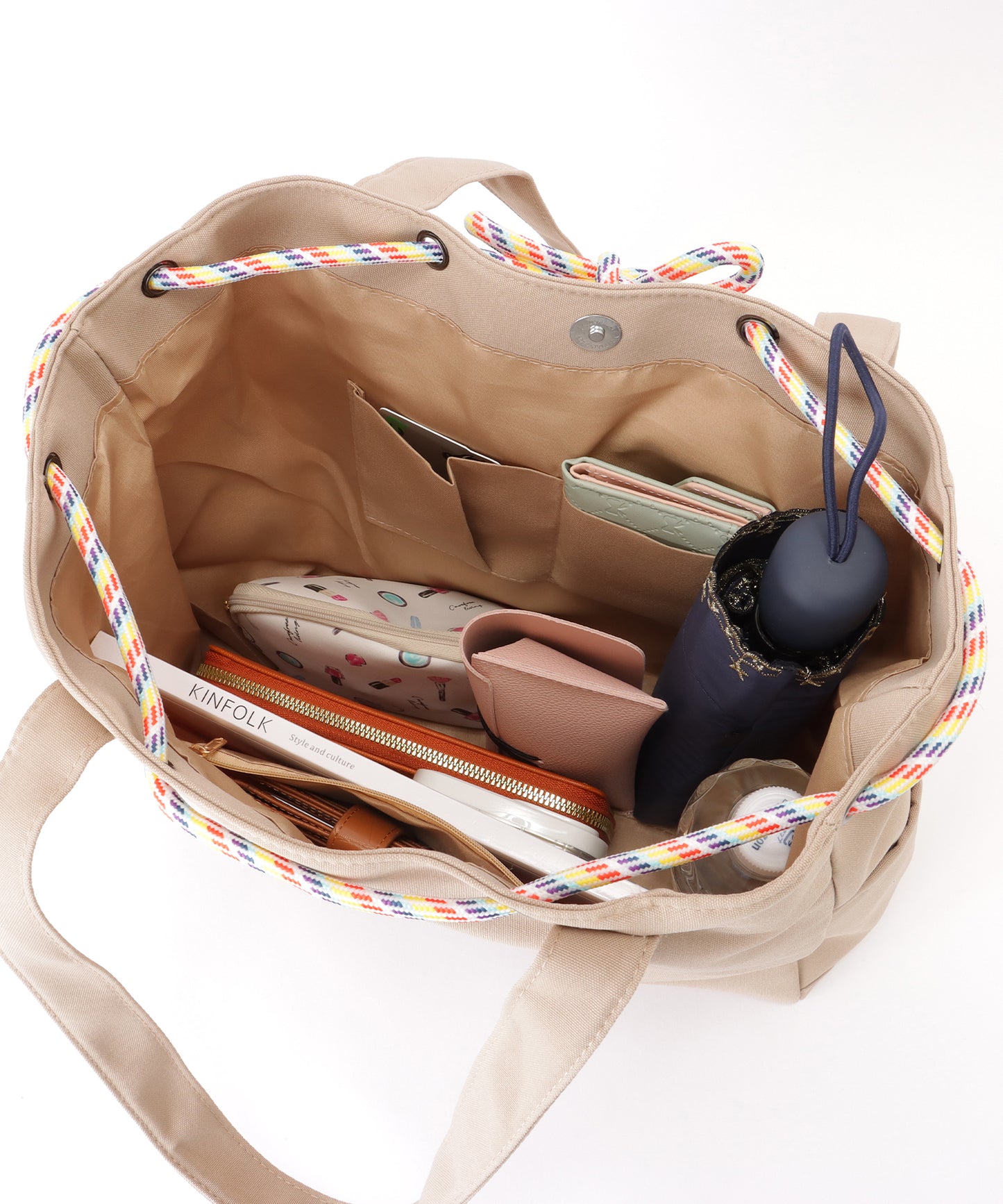 カラフル ドローコード付き 多ポケット ソフト トートバッグ