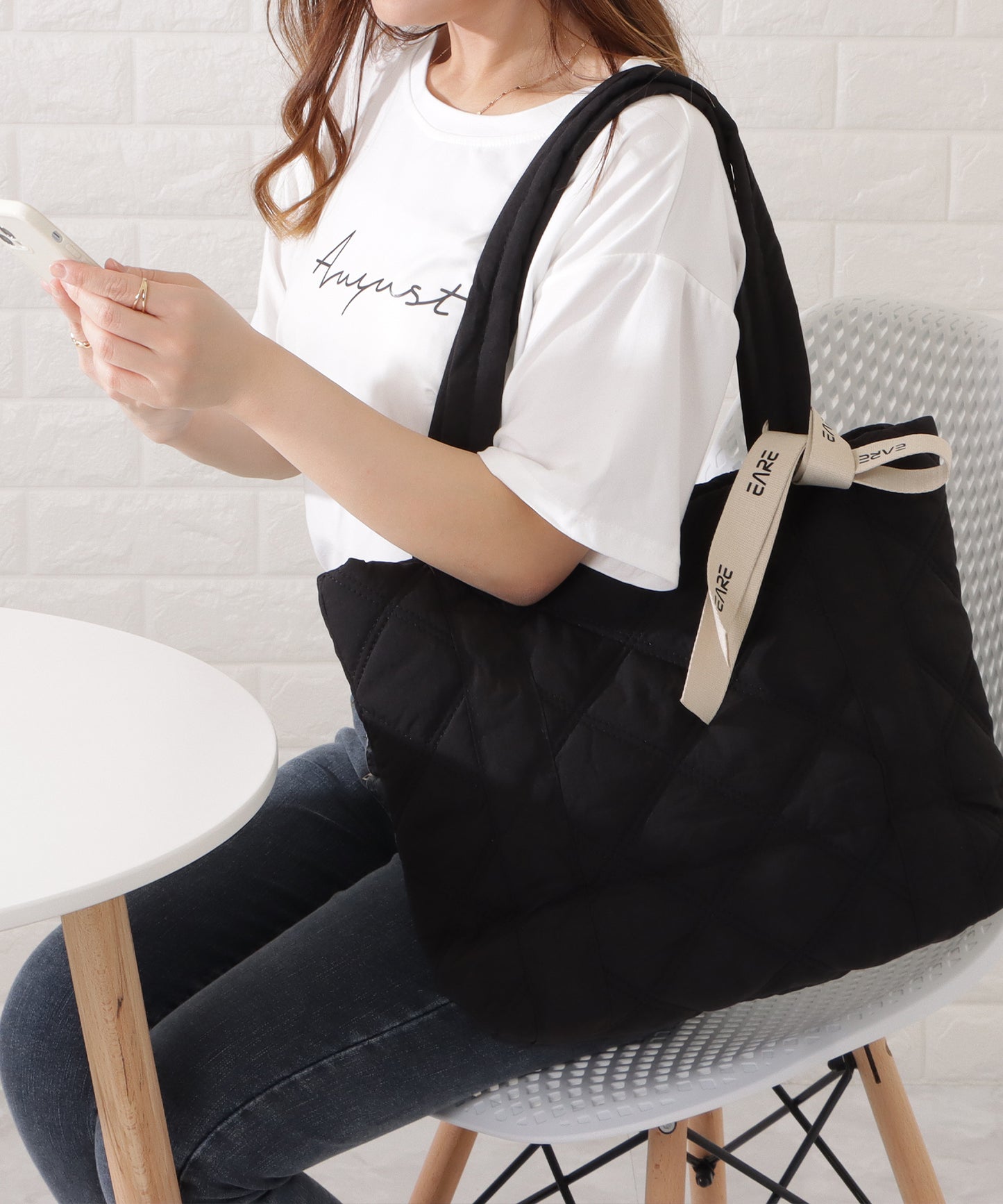 リボン付きシワキルティングトートバッグ