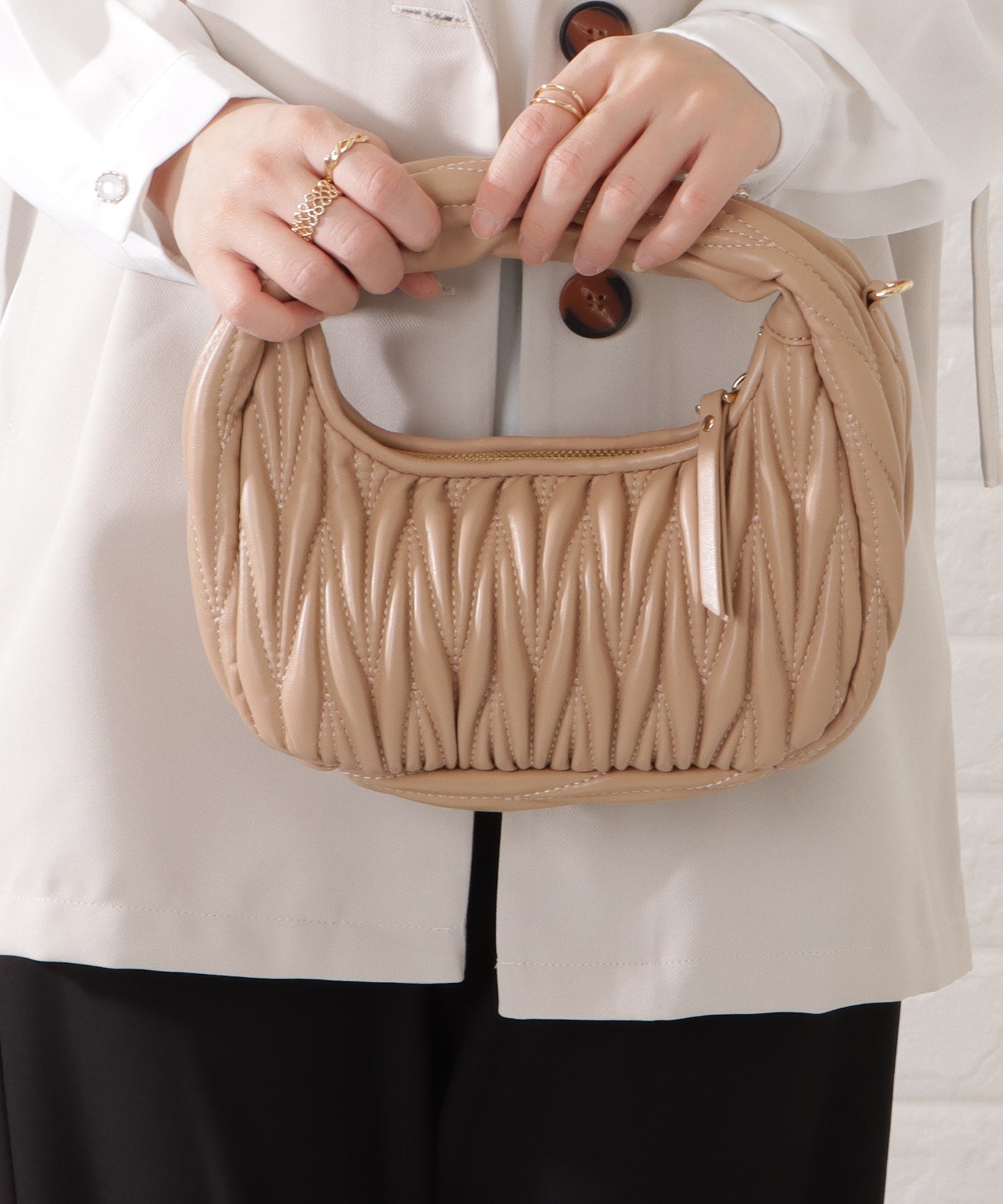 レザー調ヘリンボーンステッチ2WAYハンドバッグ