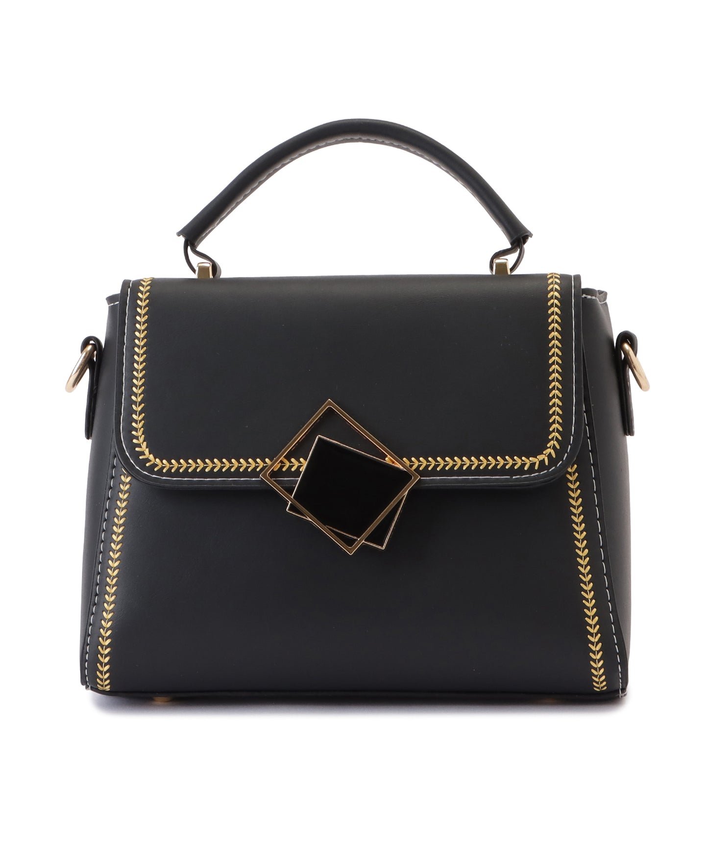 スクエアモチーフ付きレザー調バイカラーショルダーバッグ