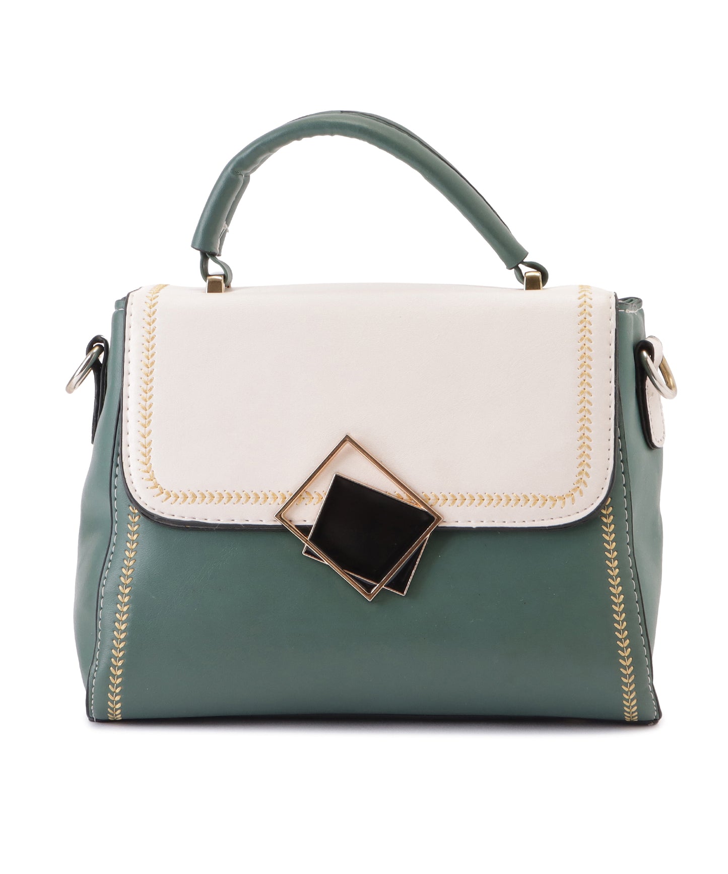 スクエアモチーフ付きレザー調バイカラーショルダーバッグ