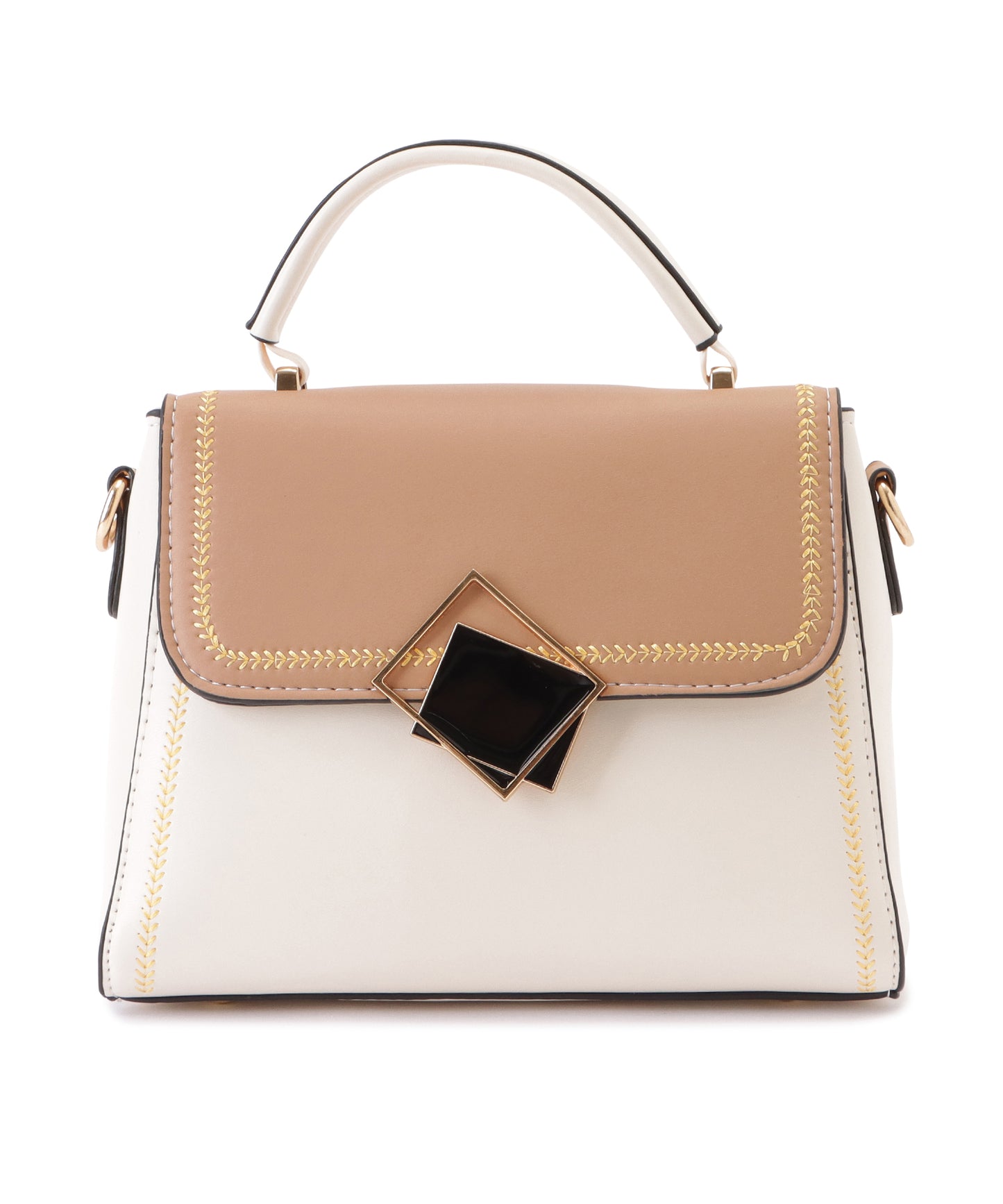 スクエアモチーフ付きレザー調バイカラーショルダーバッグ