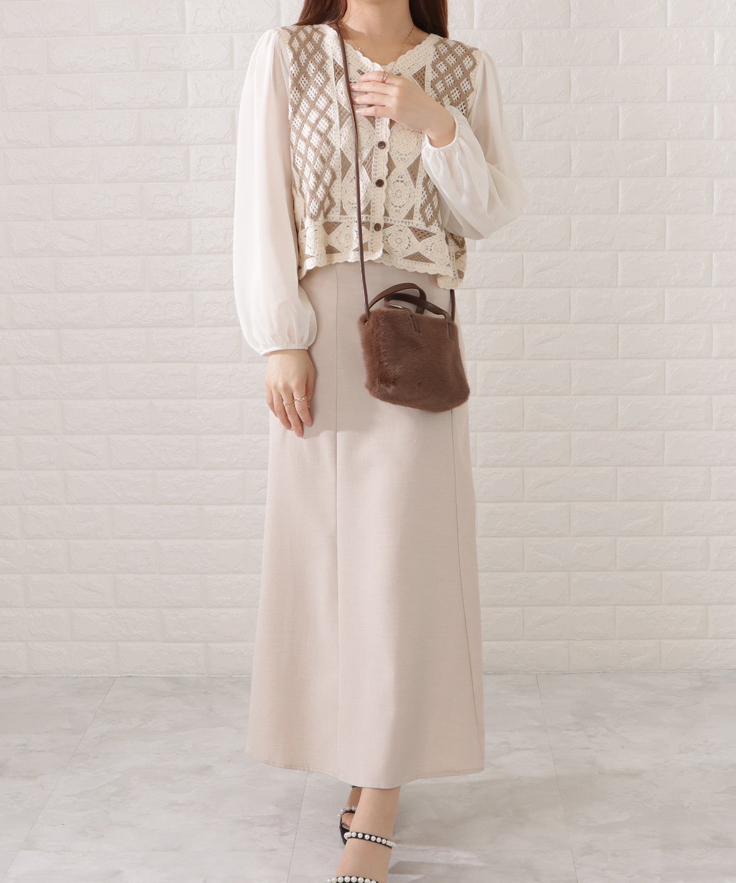 ファー×レザー調スクエアショルダーバッグ