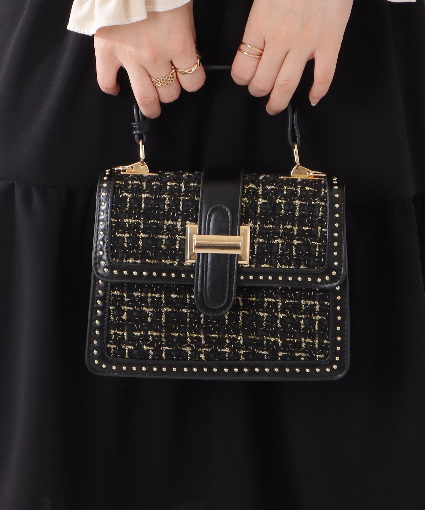 ミックスツイードスタッズ付き2WAYショルダーバッグ