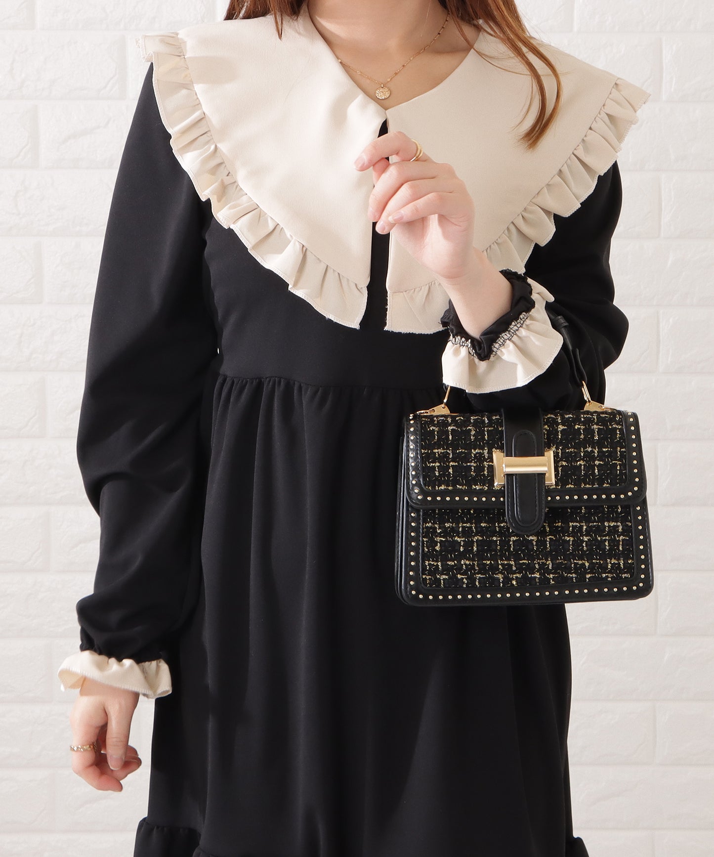 ミックスツイードスタッズ付き2WAYショルダーバッグ