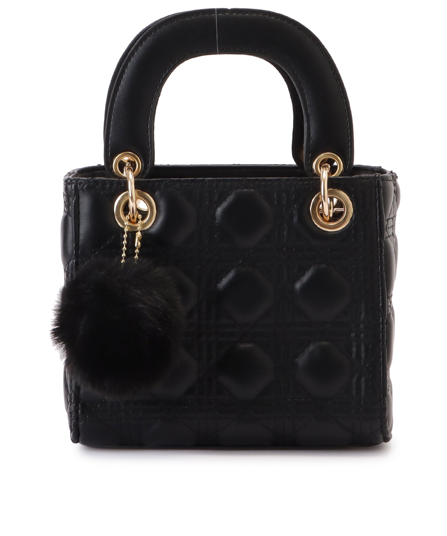 ファーチャーム付きキルティングスクエアハンドバッグ