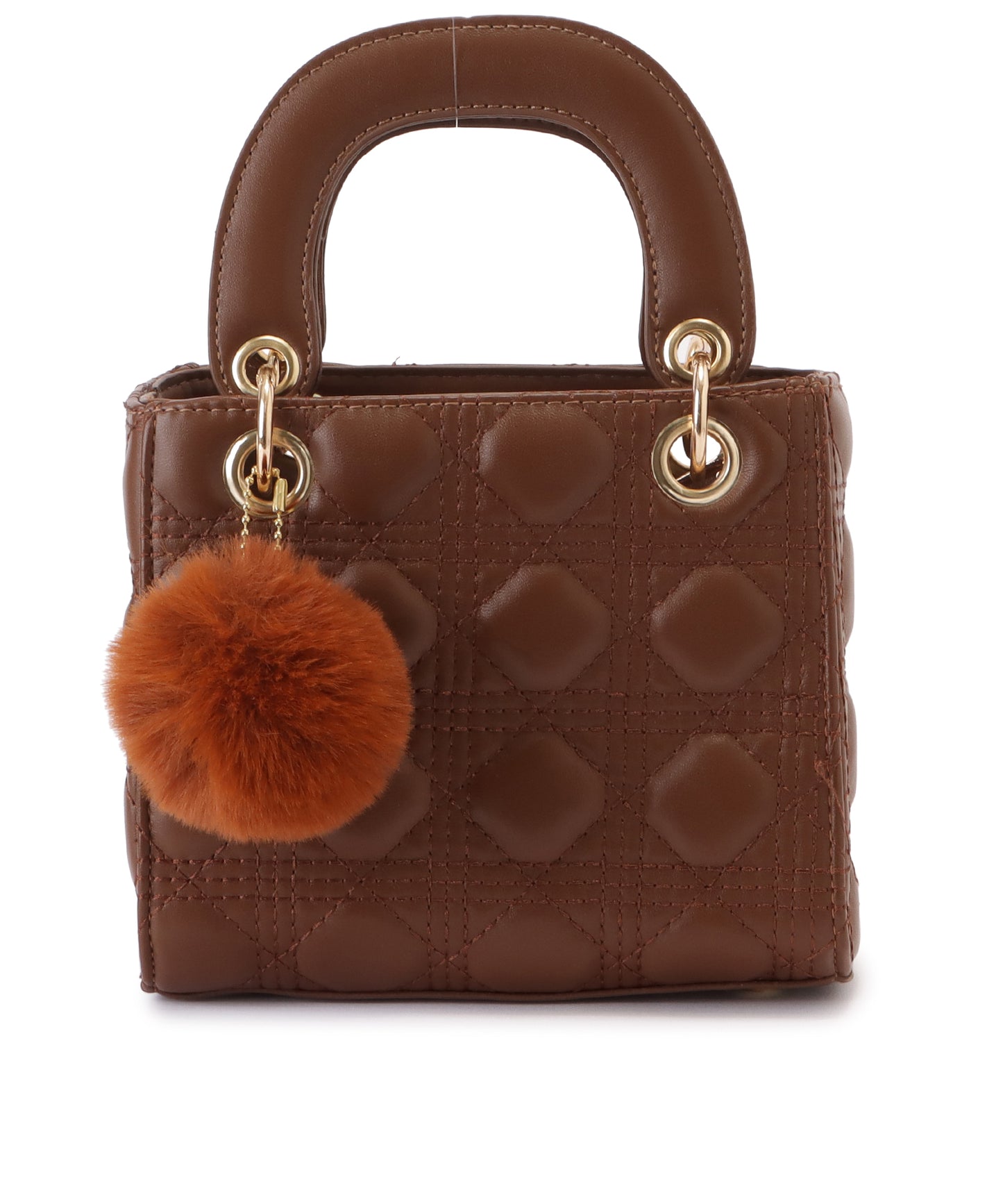 ファーチャーム付きキルティングスクエアハンドバッグ