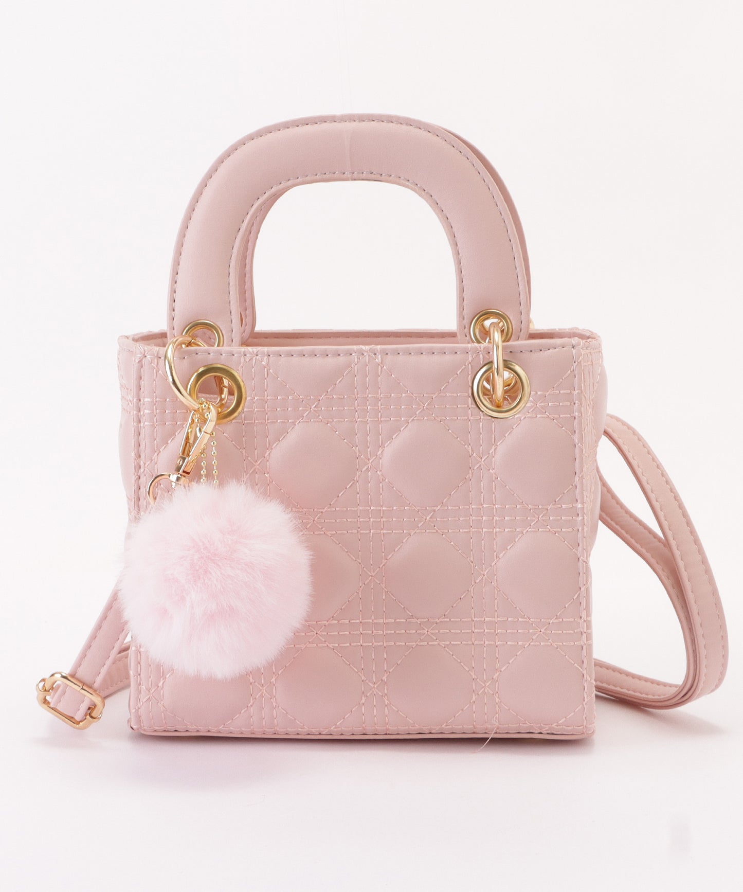 ファーチャーム付きキルティングスクエアハンドバッグ