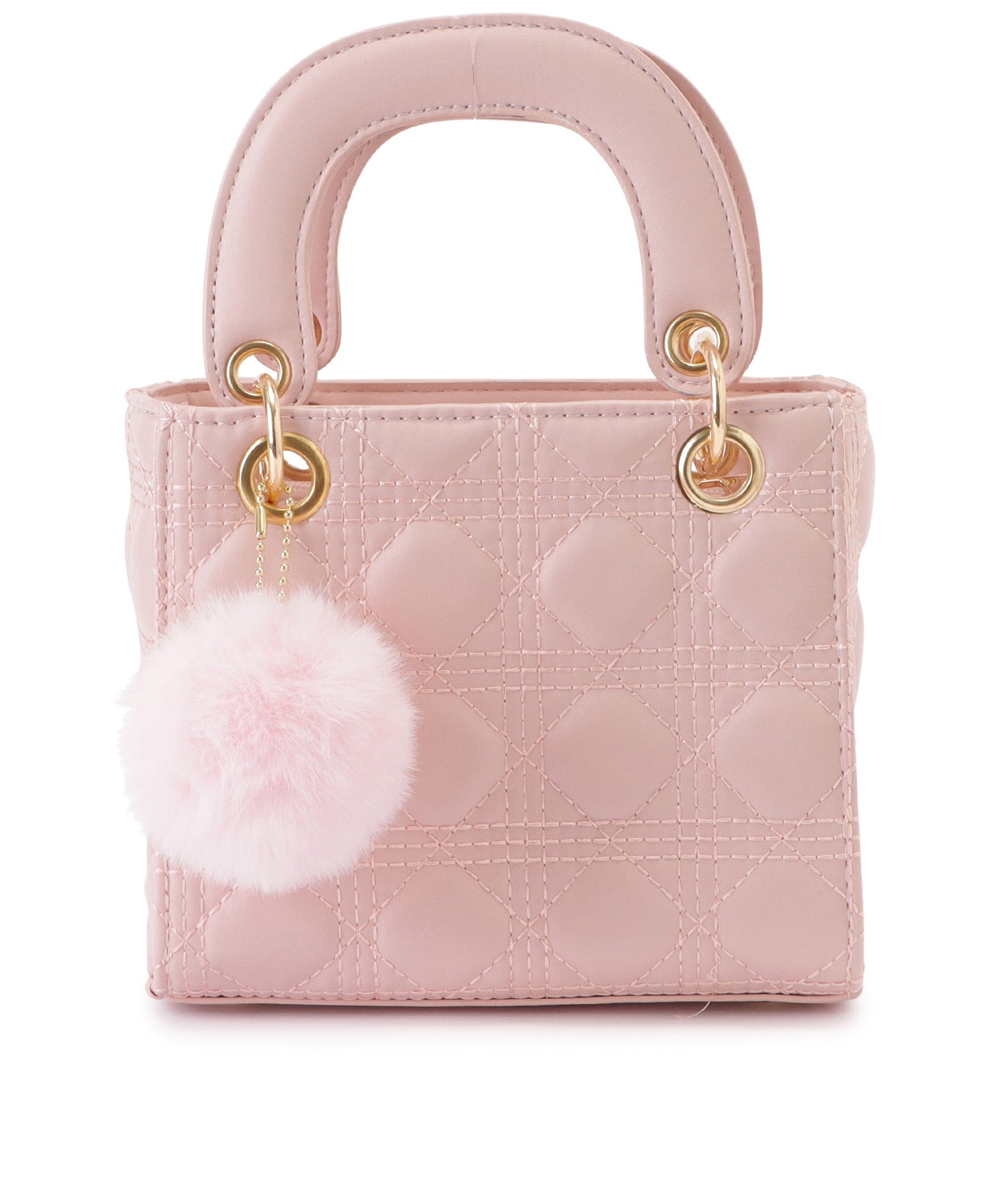 ファーチャーム付きキルティングスクエアハンドバッグ