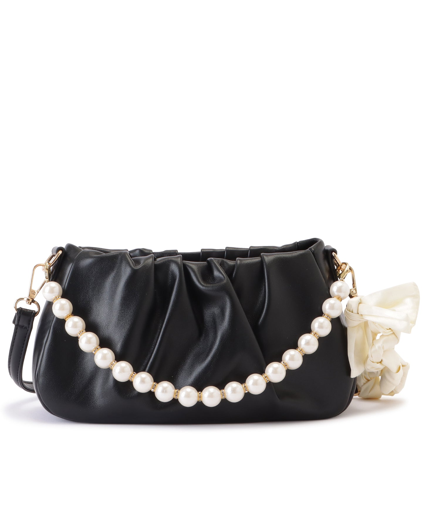 レザー調パール付きギャザーショルダーバッグ