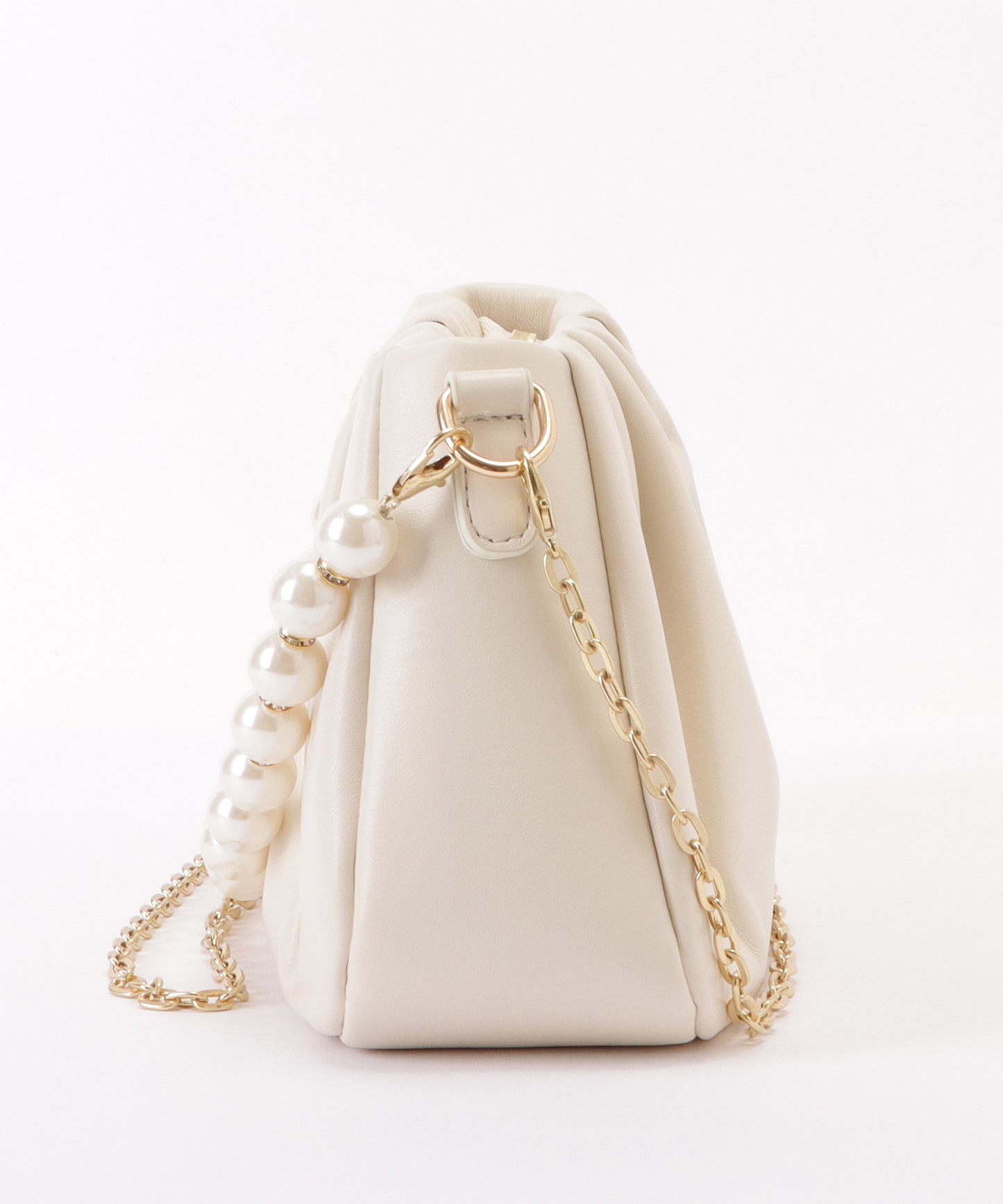 レザー調パール付きギャザーショルダーバッグ