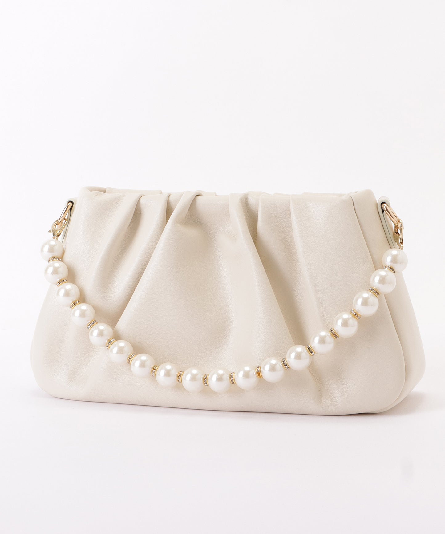 レザー調パール付きギャザーショルダーバッグ