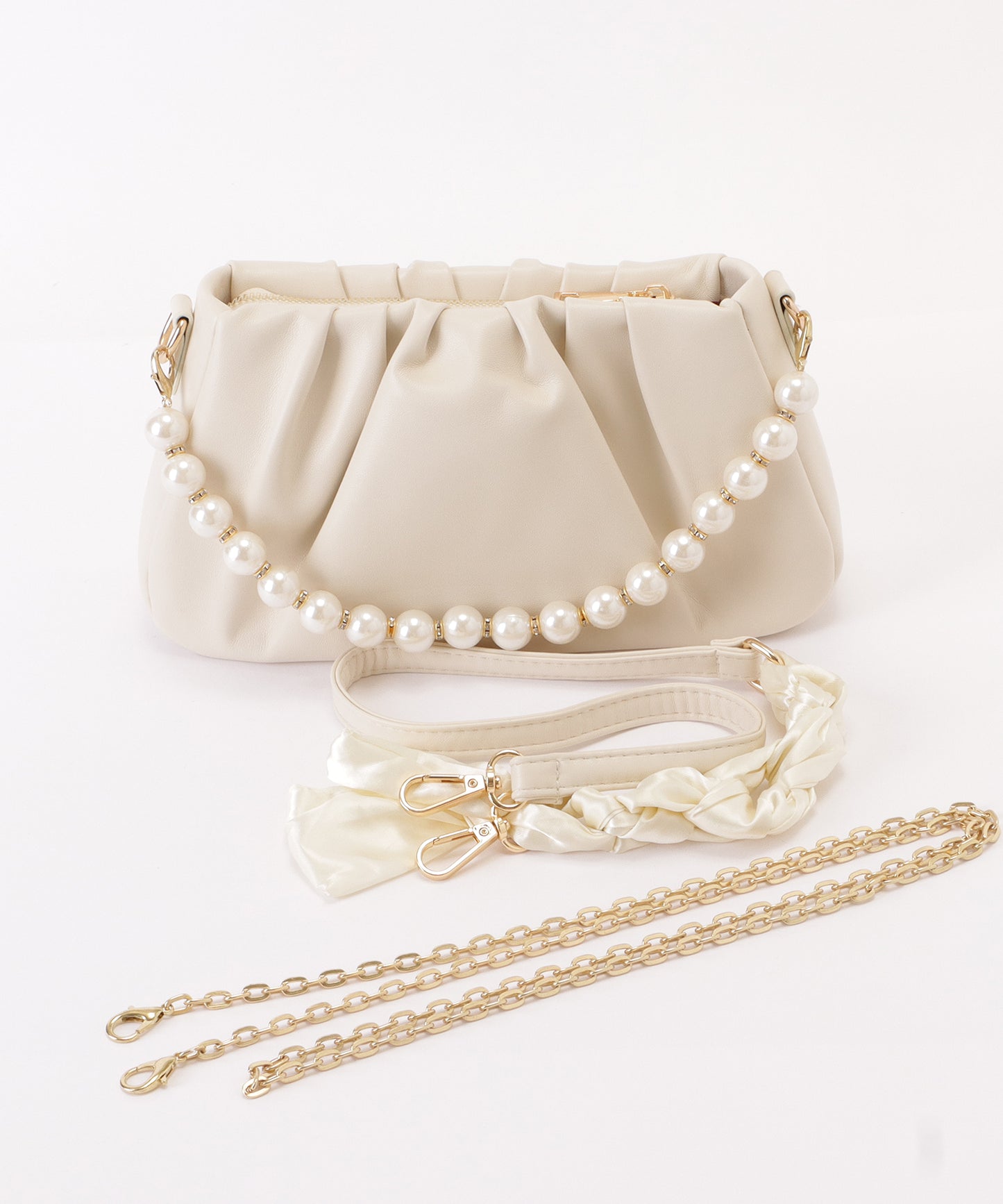 レザー調パール付きギャザーショルダーバッグ
