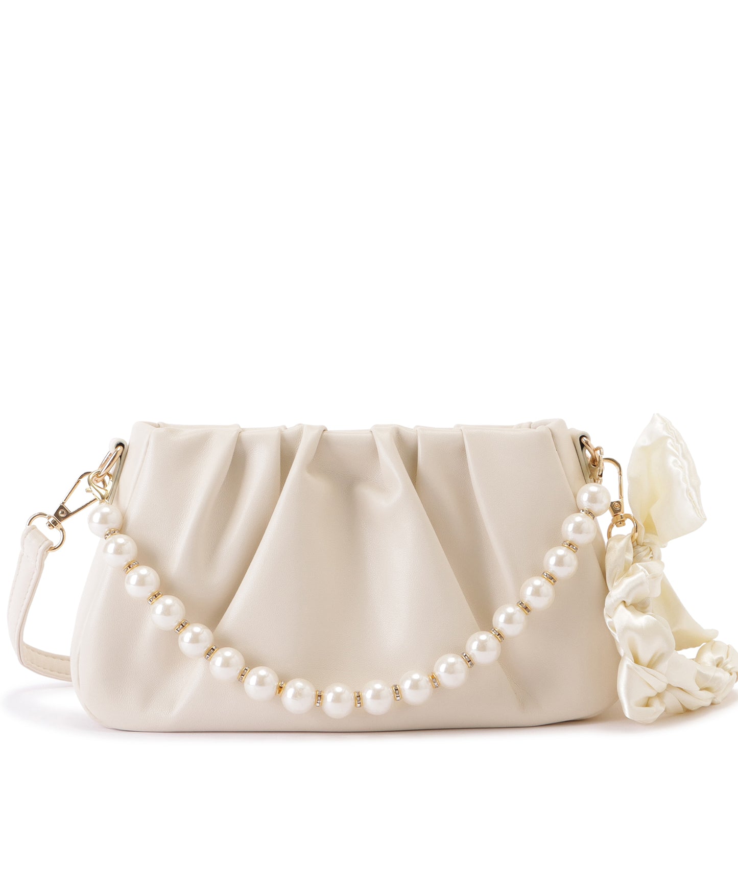 レザー調パール付きギャザーショルダーバッグ